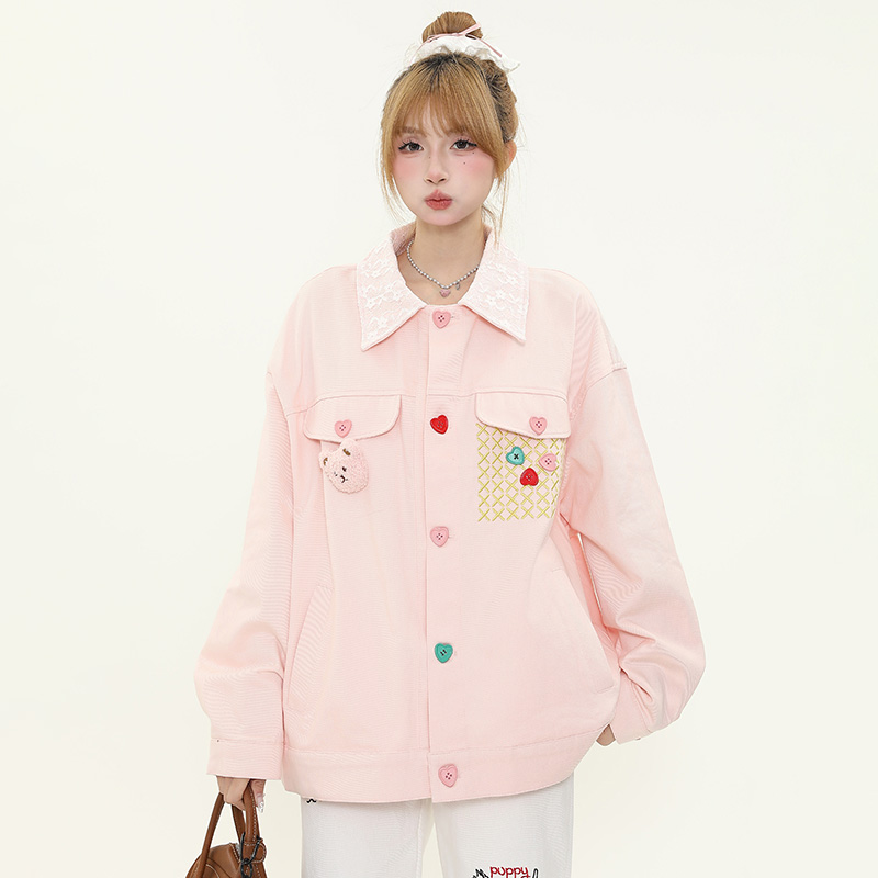 Colorful Button Lace Splicing Lapel Jacket - Women's Spring Loose Denim Coat, Sweet Dopamine Style, Trendy Casual Look