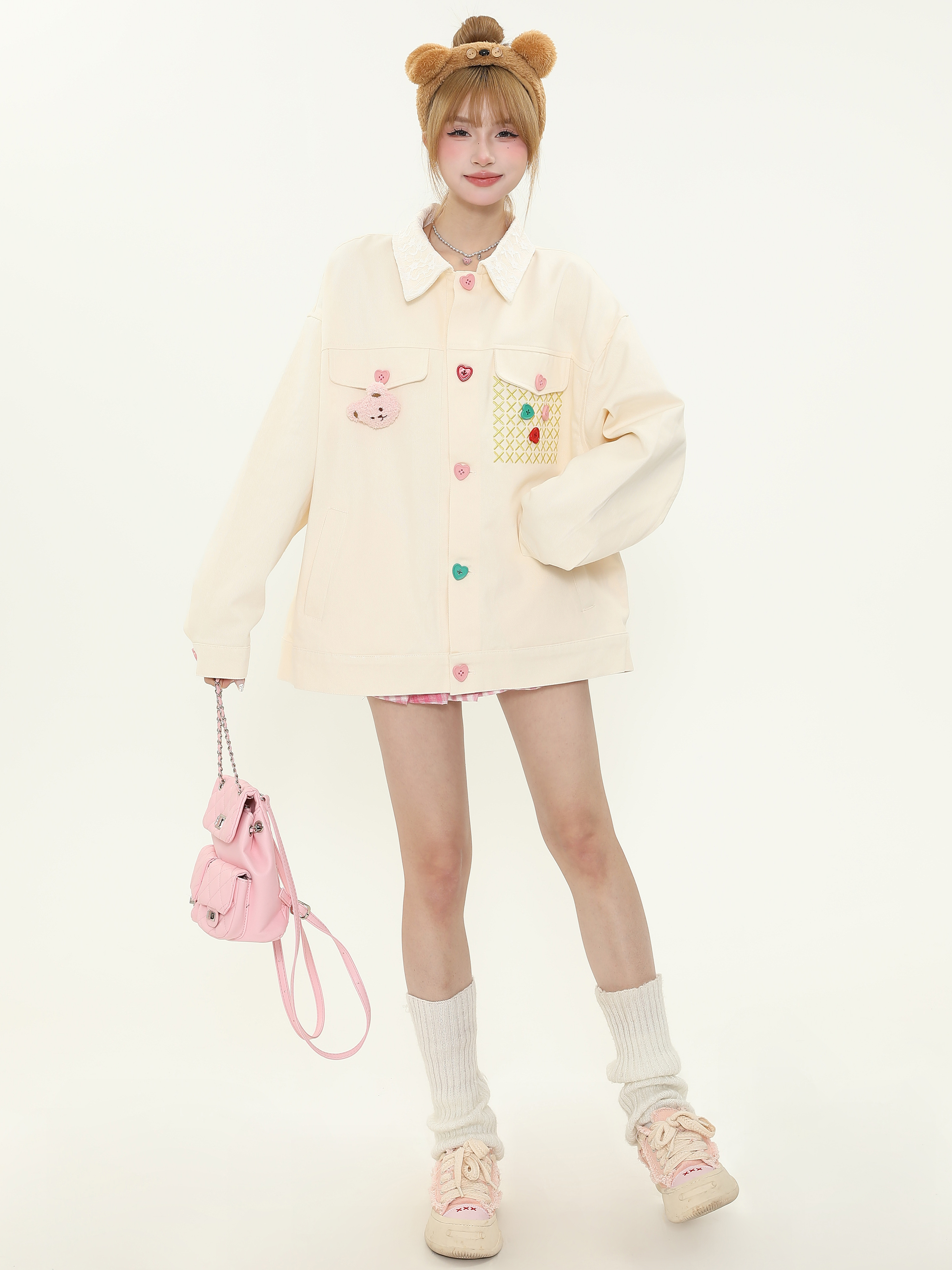 Colorful Button Lace Splicing Lapel Jacket - Women's Spring Loose Denim Coat, Sweet Dopamine Style, Trendy Casual Look Colorful Button Lace Splicing Lapel Jacket - Women's Spring Loose Denim Coat, Sweet Dopamine Style, Trendy Casual Look