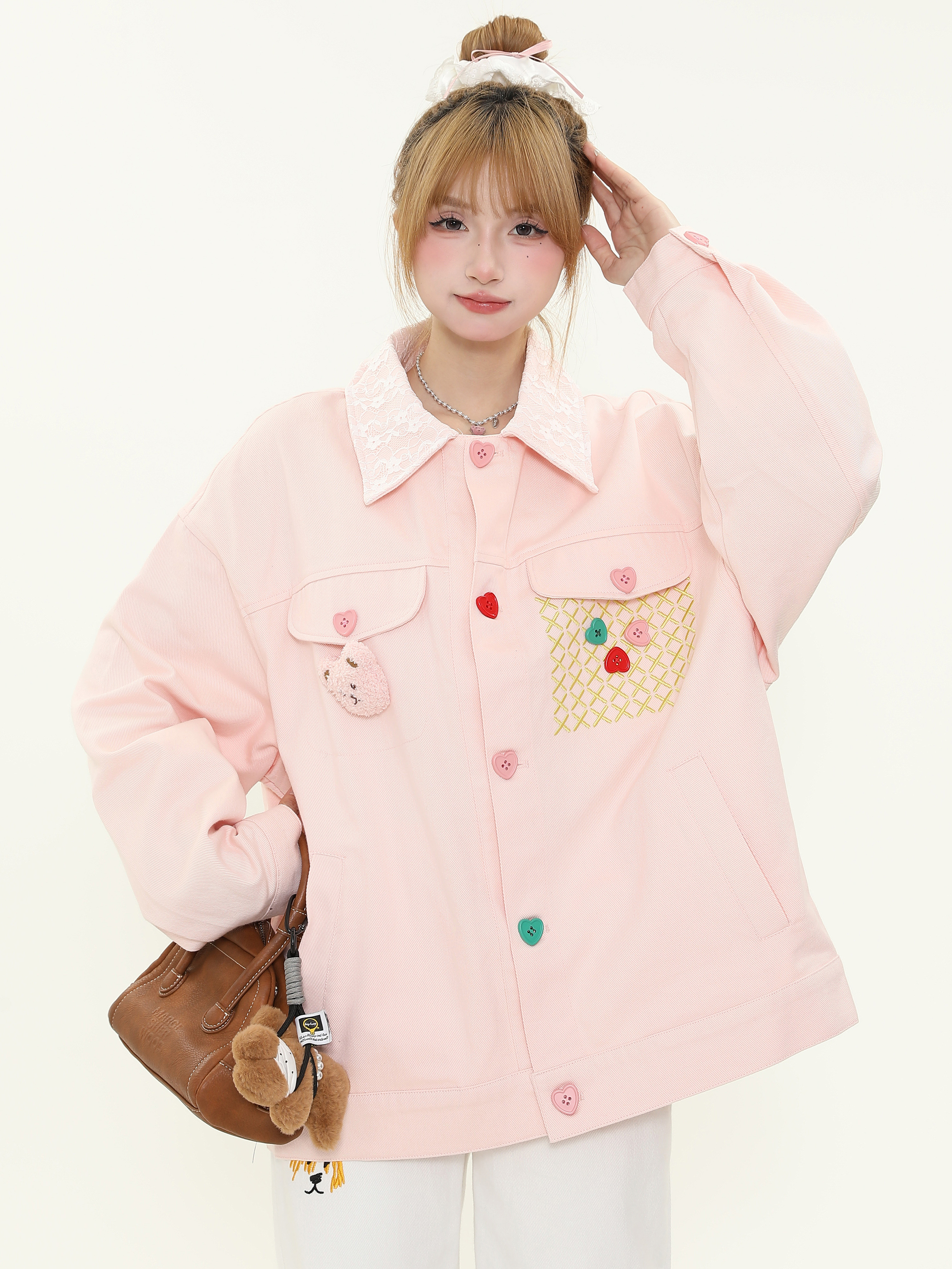 Colorful Button Lace Splicing Lapel Jacket - Women's Spring Loose Denim Coat, Sweet Dopamine Style, Trendy Casual Look