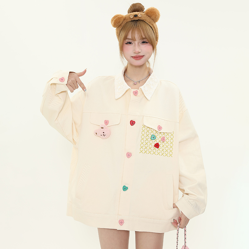 Colorful Button Lace Splicing Lapel Jacket - Women's Spring Loose Denim Coat, Sweet Dopamine Style, Trendy Casual Look Colorful Button Lace Splicing Lapel Jacket - Women's Spring Loose Denim Coat, Sweet Dopamine Style, Trendy Casual Look