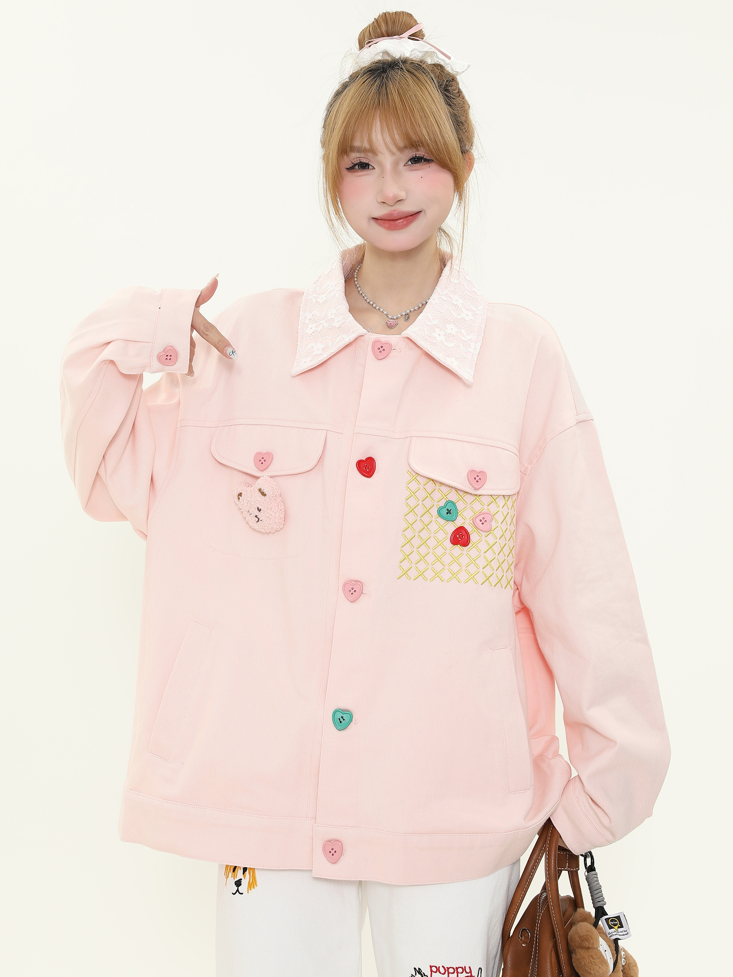 Colorful Button Lace Splicing Lapel Jacket - Women's Spring Loose Denim Coat, Sweet Dopamine Style, Trendy Casual Look Colorful Button Lace Splicing Lapel Jacket - Women's Spring Loose Denim Coat, Sweet Dopamine Style, Trendy Casual Look