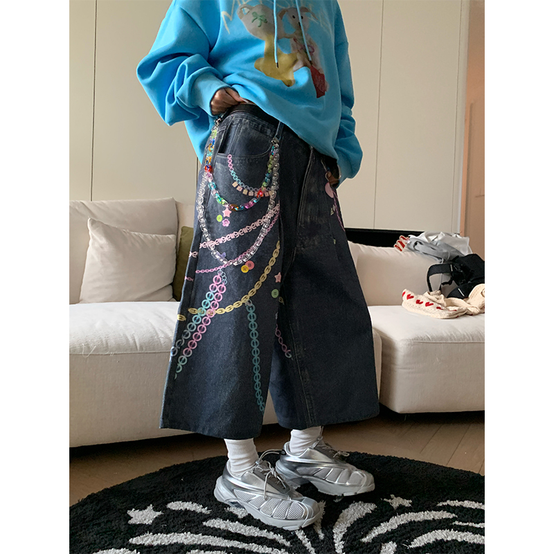 Colorful Chain Print Denim Capris for Spring/Summer - Unisex Wide-Leg Casual Shorts, American Vintage Style