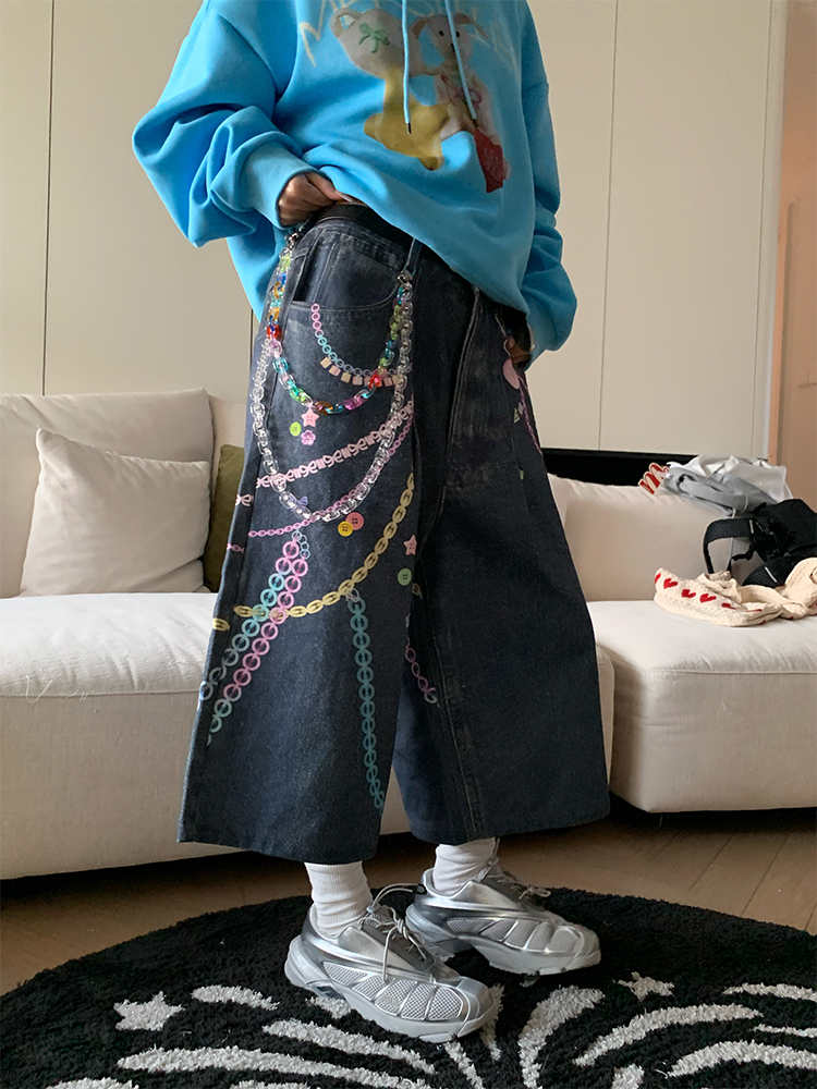 Colorful Chain Print Denim Capris for Spring/Summer - Unisex Wide-Leg Casual Shorts, American Vintage Style