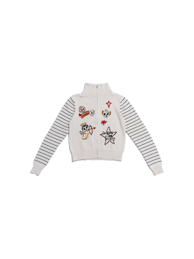 Colorful Embroidered Knitted Cardigan Zip-Up Jacket - White Sweater, Cozy Artist Design, Y2K Fashion, Perfect Layering Piece Colorful Embroidered Knitted Cardigan Zip-Up Jacket - White Sweater, Cozy Artist Design, Y2K Fashion, Perfect Layering Piece