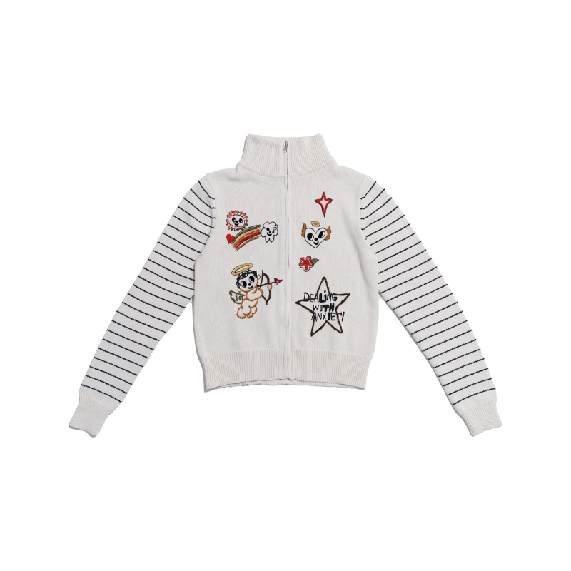 Colorful Embroidered Knitted Cardigan Zip-Up Jacket - White Sweater, Cozy Artist Design, Y2K Fashion, Perfect Layering Piece