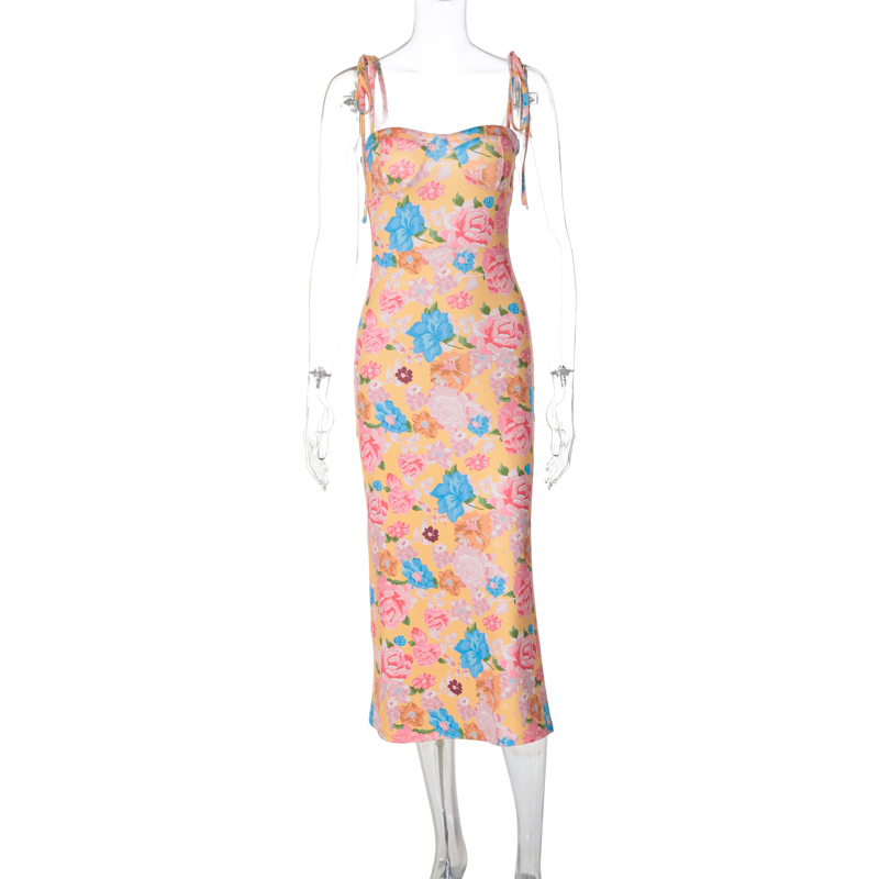 Colorful Floral Spaghetti Strap Dress for Women, Adjustable High Waist, Slim Fit, Knee-Length Summer Fashion, Y2K Style Colorful Floral Spaghetti Strap Dress for Women, Adjustable High Waist, Slim Fit, Knee-Length Summer Fashion, Y2K Style