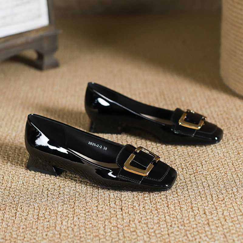 Comfortable French Vintage Patent Leather Square Toe Flats for Women - Low Heel Professional Work Shoes for Long Standing