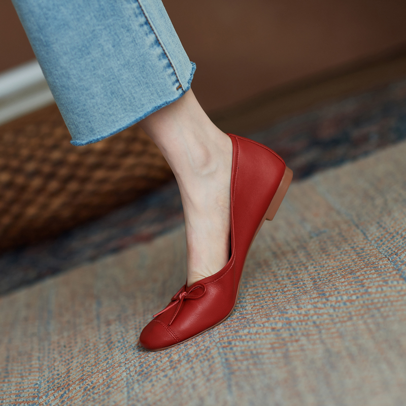 Comfortable Sheepskin Ballet Flats with Bow, Square Toe, Flat Heel - Soft-Soled Grandma Shoes for Everyday Style