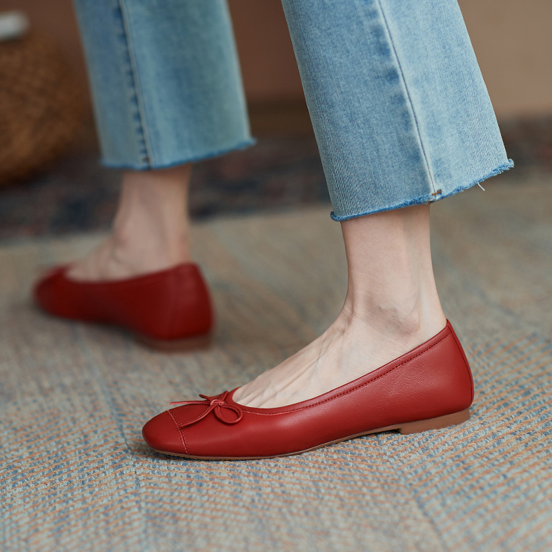 Comfortable Sheepskin Ballet Flats with Bow, Square Toe, Flat Heel - Soft-Soled Grandma Shoes for Everyday Style