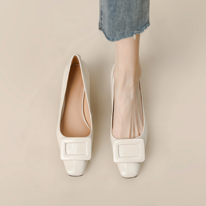 Comfortable Sheepskin Grandma Shoes for Women, French-Style Square Buckle Chunky Heel Loafers, Square-Toed Mid-Heel Footwear