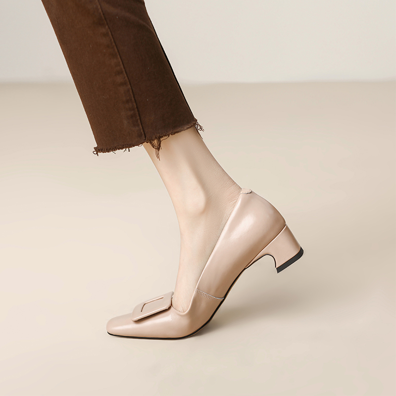 Comfortable Sheepskin Grandma Shoes for Women, French-Style Square Buckle Chunky Heel Loafers, Square-Toed Mid-Heel Footwear