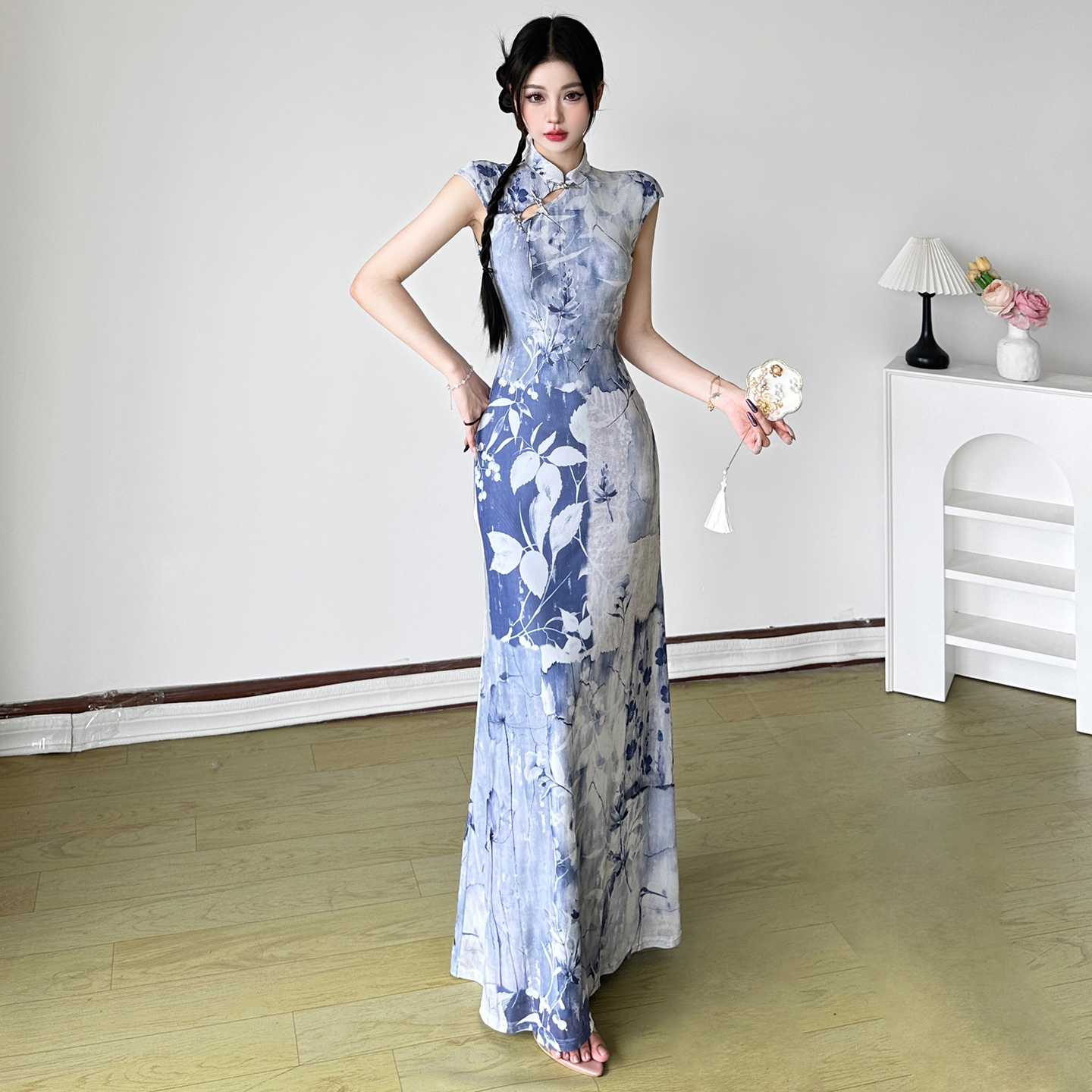 Cool Broken Beauty Chinese Style Plant Print Qipao Dress with Hollow Collar - Long Skirt for 90s Y2K Fashion