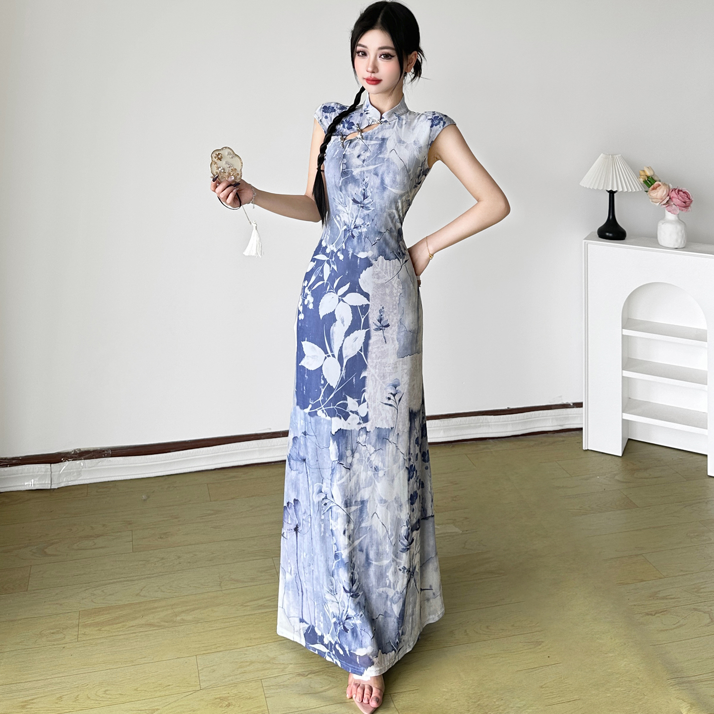 Cool Broken Beauty Chinese Style Plant Print Qipao Dress with Hollow Collar - Long Skirt for 90s Y2K Fashion