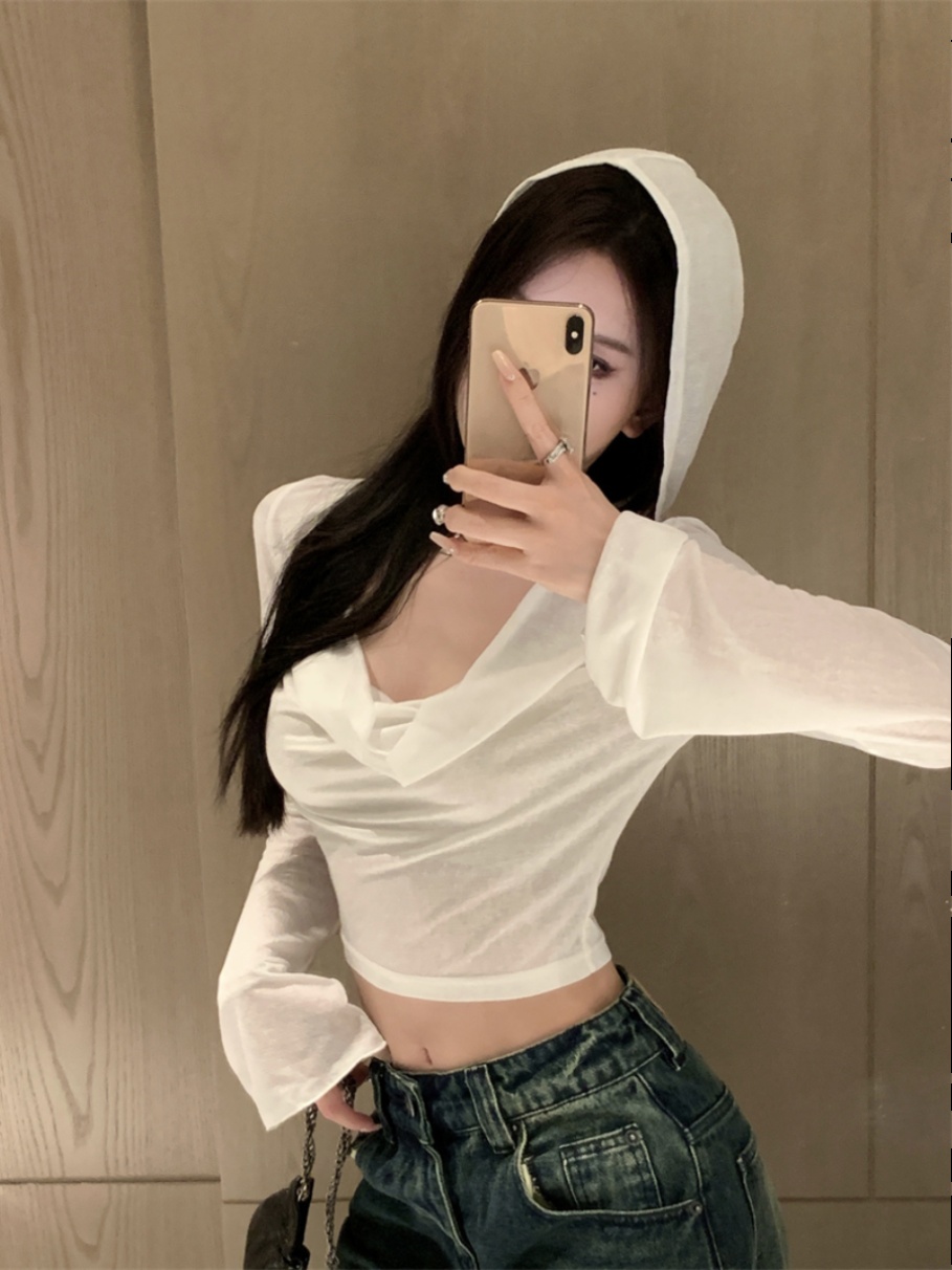 Cool Spicy Girl Hooded T-Shirt for Women - Thin Crop Top with Jazz Dance Design, Street Style, Perfect for 90s and Y2K Fashion Cool Spicy Girl Hooded T-Shirt for Women - Thin Crop Top with Jazz Dance Design, Street Style, Perfect for 90s and Y2K Fashion