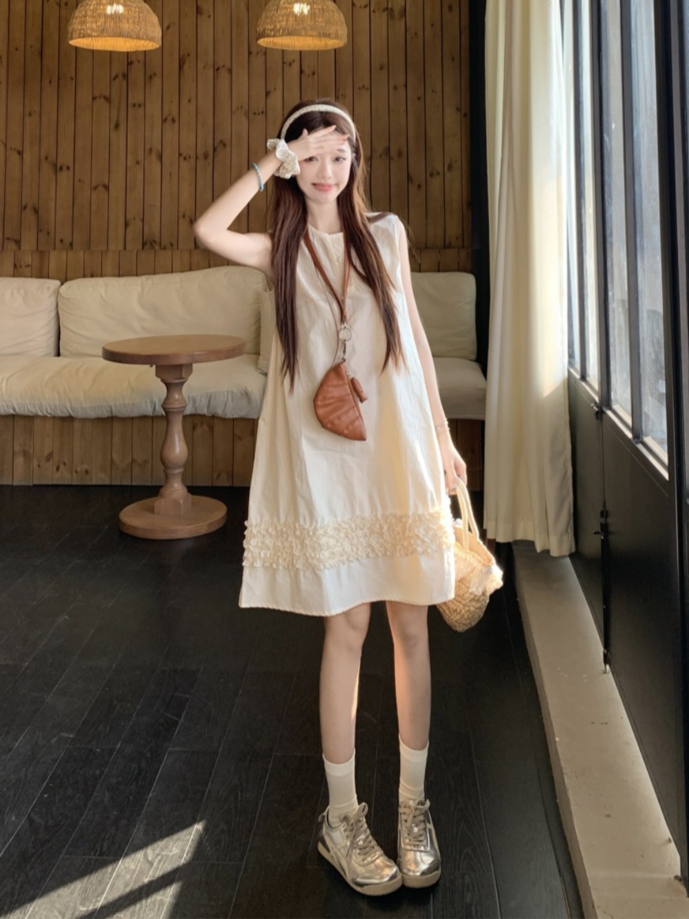 Cream Cotton Lace Trim Sleeveless Top with Plaid Pants - Stylish Early Summer Vacation Outfit for Women