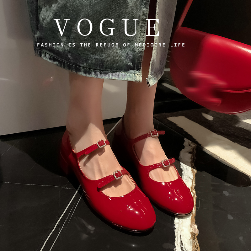 Crimson Red Vintage Chunky Heel Mary Jane Shoes with Water Diamonds, Round Toe, Shallow Mouth, and Small Chanel Style for Women