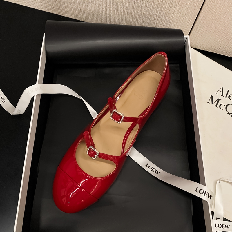 Crimson Red Vintage Chunky Heel Mary Jane Shoes with Water Diamonds, Round Toe, Shallow Mouth, and Small Chanel Style for Women