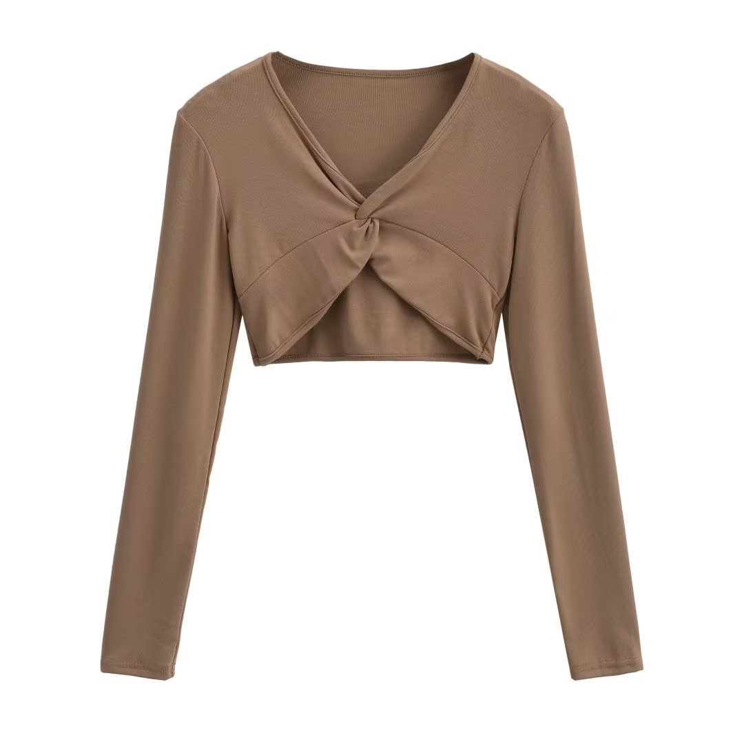 Cropped Brown Tie-Up Fitted Long Sleeve T-Shirt for Women - Jazz Dance Instagram Style, Sexy Y2K Fashion Top Cropped Brown Tie-Up Fitted Long Sleeve T-Shirt for Women - Jazz Dance Instagram Style, Sexy Y2K Fashion Top