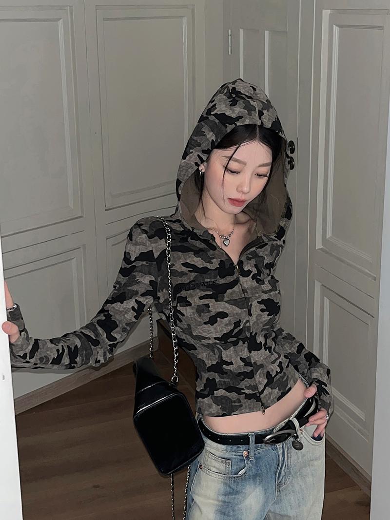 Cropped Hooded Long Sleeve Top for Girls - American Style Motorcycle Camouflage Jazz Dance Fashion