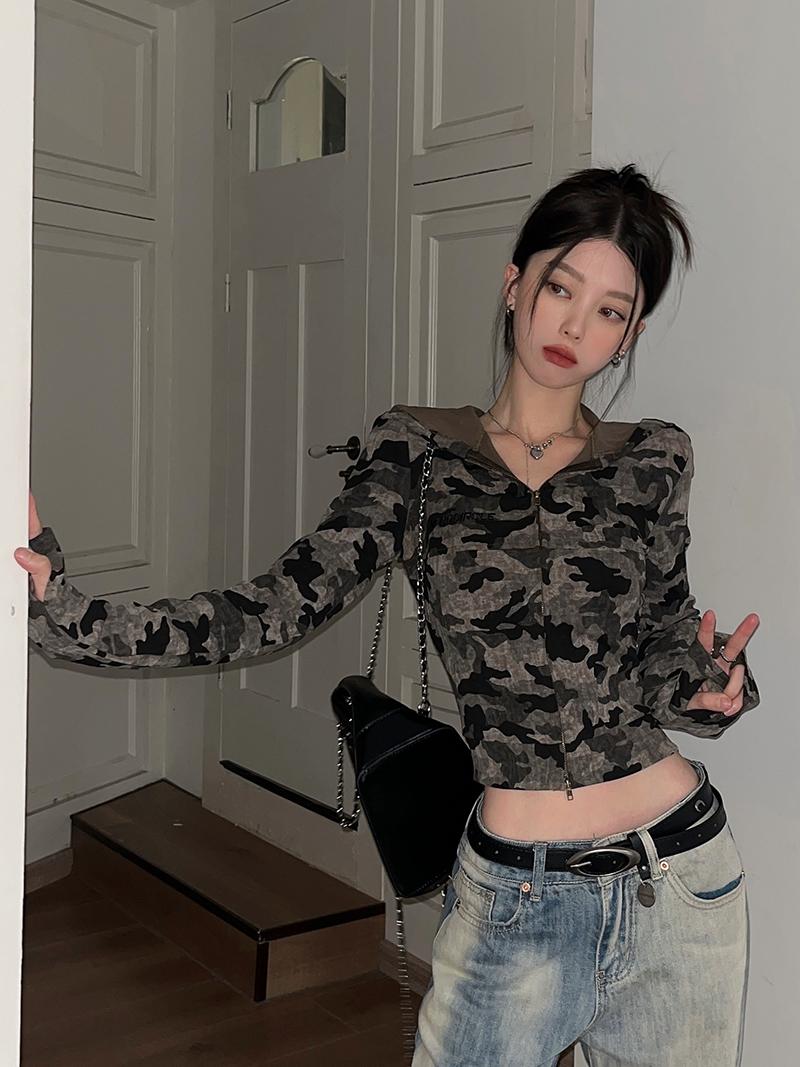 Cropped Hooded Long Sleeve Top for Girls - American Style Motorcycle Camouflage Jazz Dance Fashion Cropped Hooded Long Sleeve Top for Girls - American Style Motorcycle Camouflage Jazz Dance Fashion