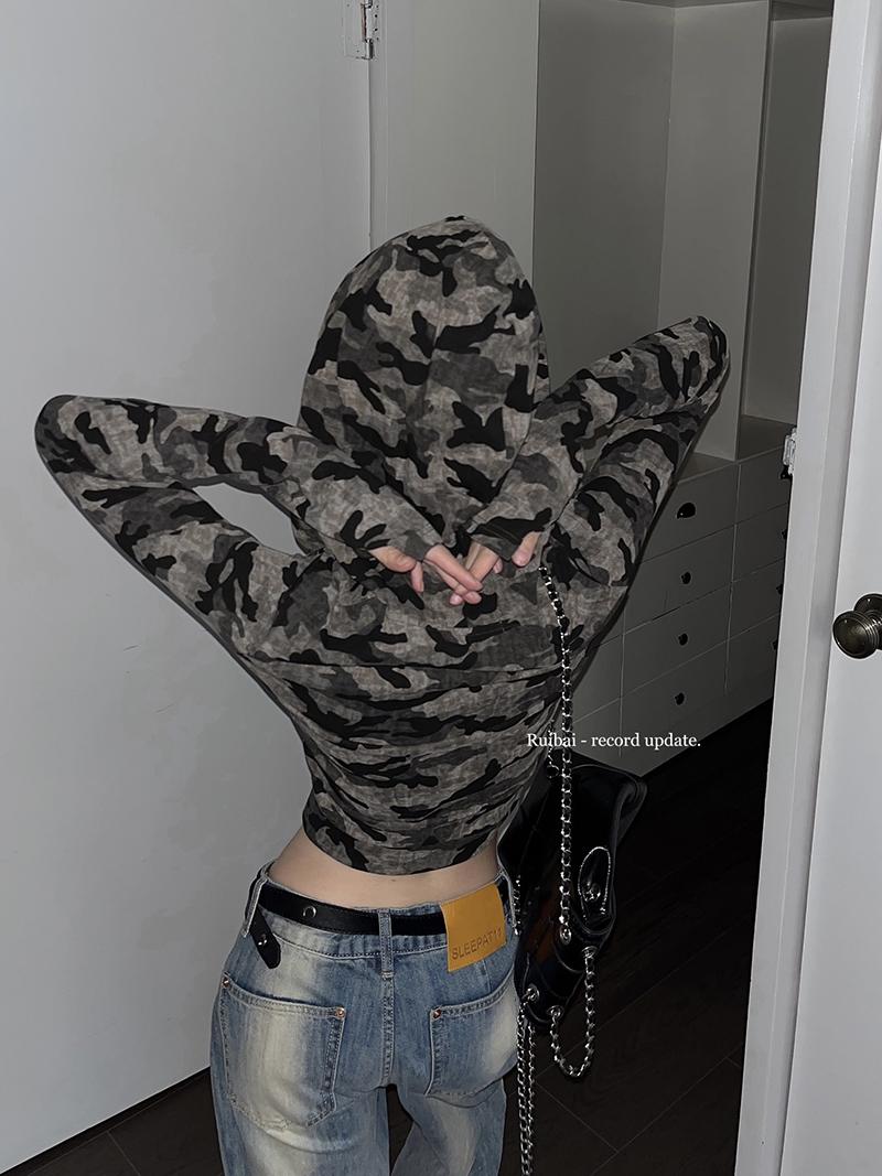 Cropped Hooded Long Sleeve Top for Girls - American Style Motorcycle Camouflage Jazz Dance Fashion Cropped Hooded Long Sleeve Top for Girls - American Style Motorcycle Camouflage Jazz Dance Fashion