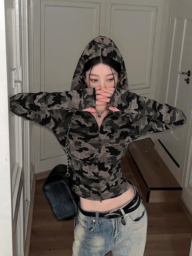 Cropped Hooded Long Sleeve Top for Girls - American Style Motorcycle Camouflage Jazz Dance Fashion