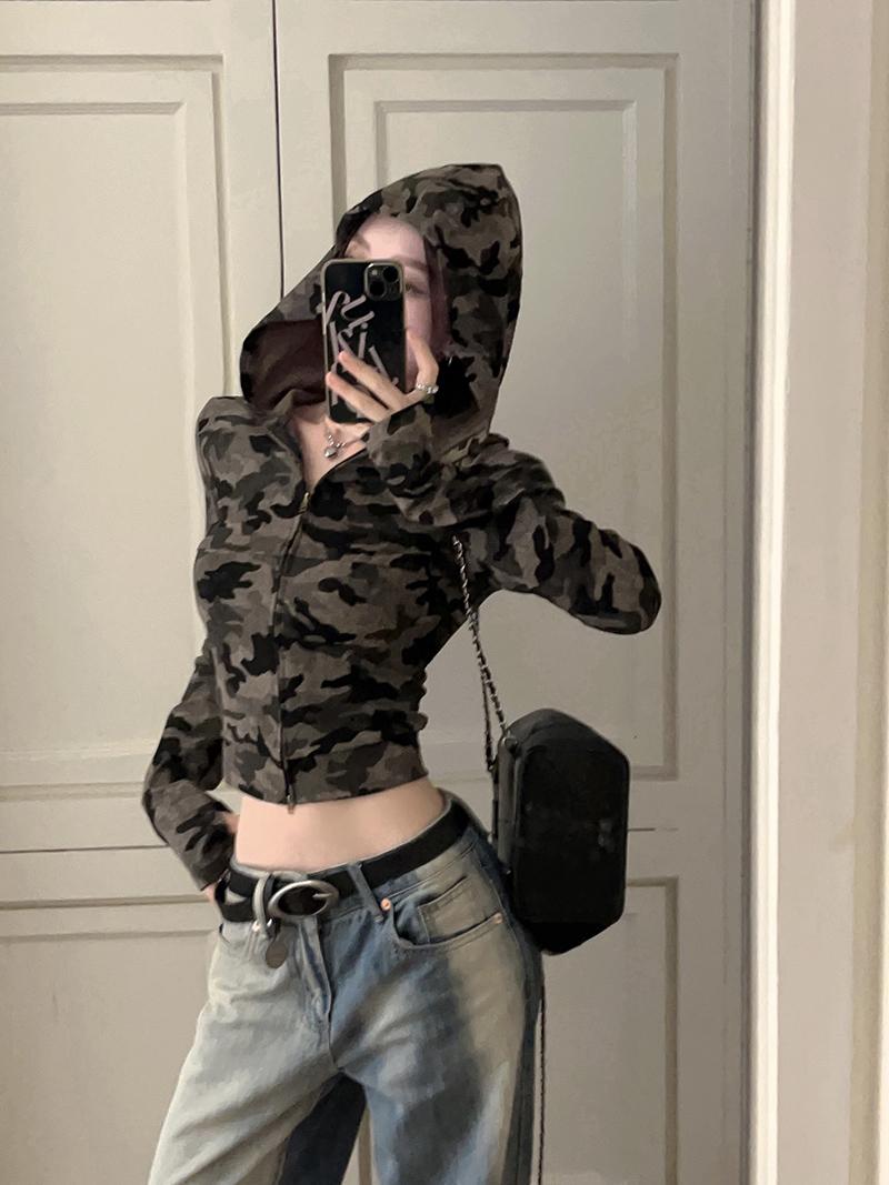 Cropped Hooded Long Sleeve Top for Girls - American Style Motorcycle Camouflage Jazz Dance Fashion Cropped Hooded Long Sleeve Top for Girls - American Style Motorcycle Camouflage Jazz Dance Fashion