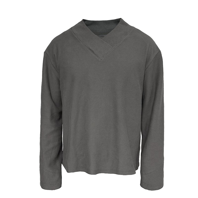 Cross-Collar Long Sleeve Top with Textured Fabric and Shoulder Armor, Short Wide Fit - Trendy Streetwear Style
