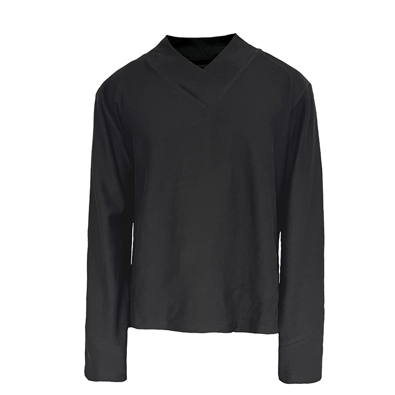 Cross-Collar Long Sleeve Top with Textured Fabric and Shoulder Armor, Short Wide Fit - Trendy Streetwear Style Cross-Collar Long Sleeve Top with Textured Fabric and Shoulder Armor, Short Wide Fit - Trendy Streetwear Style