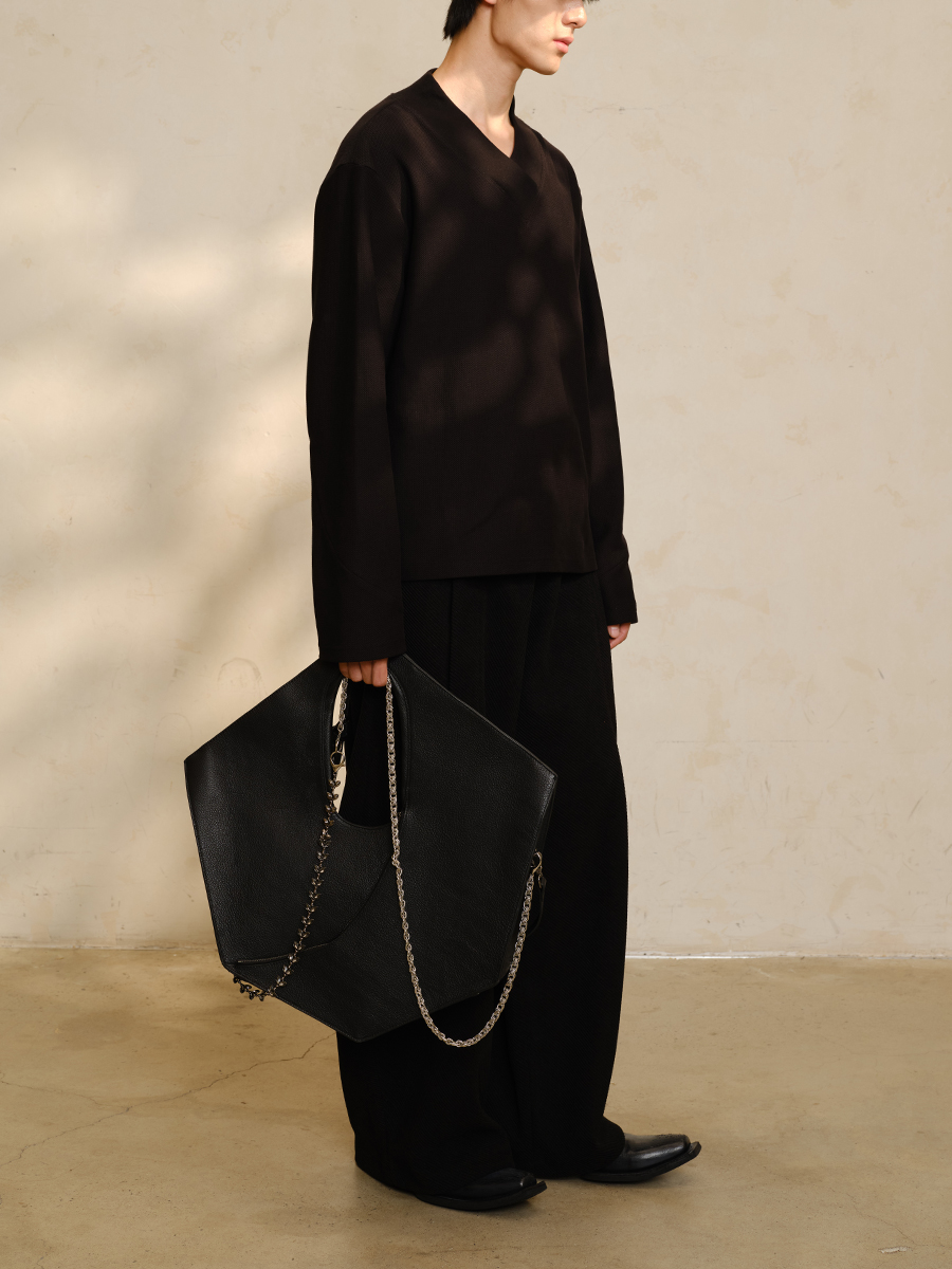 Cross-Collar Long Sleeve Top with Textured Fabric and Shoulder Armor, Short Wide Fit - Trendy Streetwear Style Cross-Collar Long Sleeve Top with Textured Fabric and Shoulder Armor, Short Wide Fit - Trendy Streetwear Style