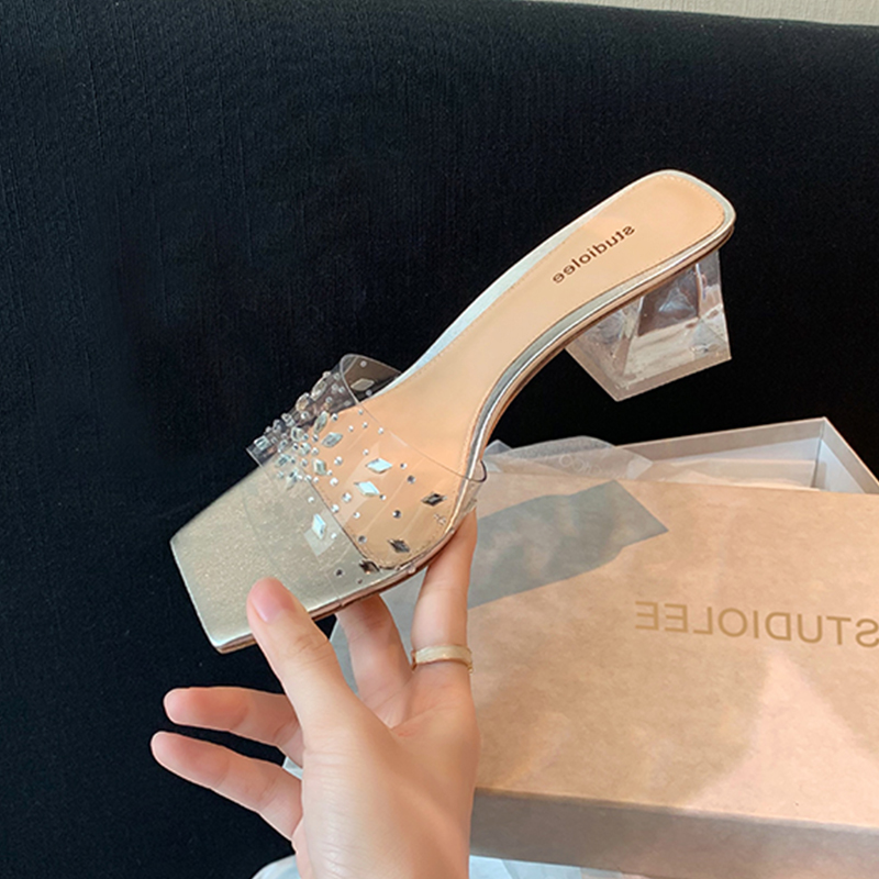 Crystal Chunky Heel Sandals - Summer Outdoor Rhinestone Transparent One-Strap High-Heeled Sandals for Women