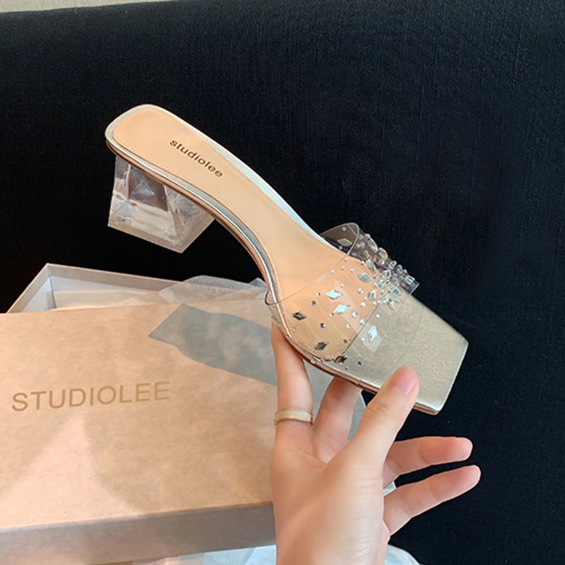 Crystal Chunky Heel Sandals - Summer Outdoor Rhinestone Transparent One-Strap High-Heeled Sandals for Women Crystal Chunky Heel Sandals - Summer Outdoor Rhinestone Transparent One-Strap High-Heeled Sandals for Women