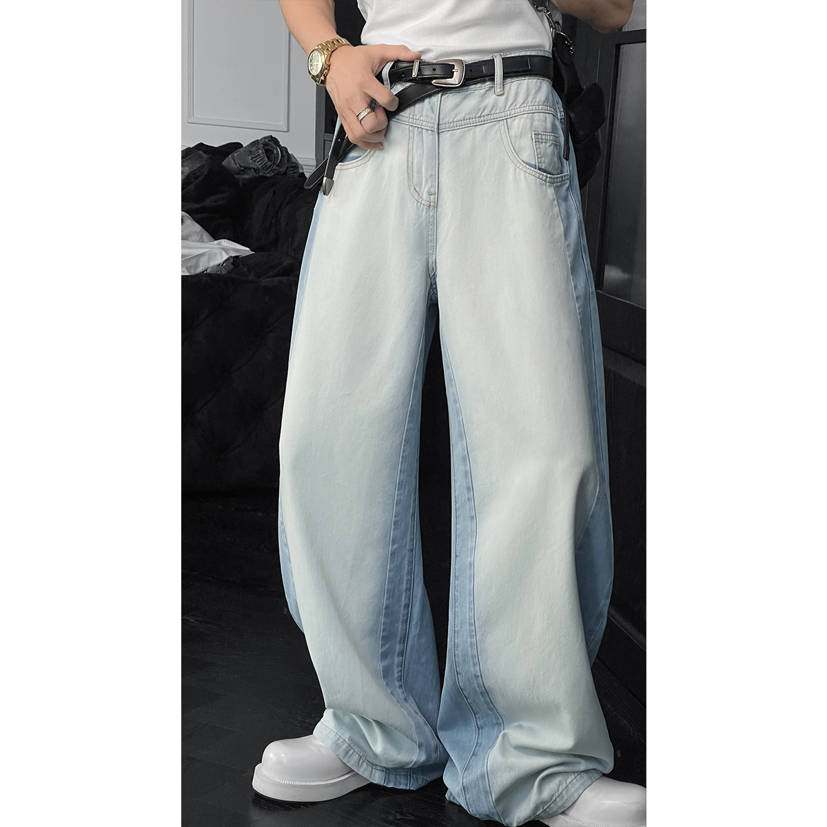 Curved Blade Jeans for Men - Trendy American Vintage Splicing Design, Versatile Loose Fit Summer Pants, Y2K Style