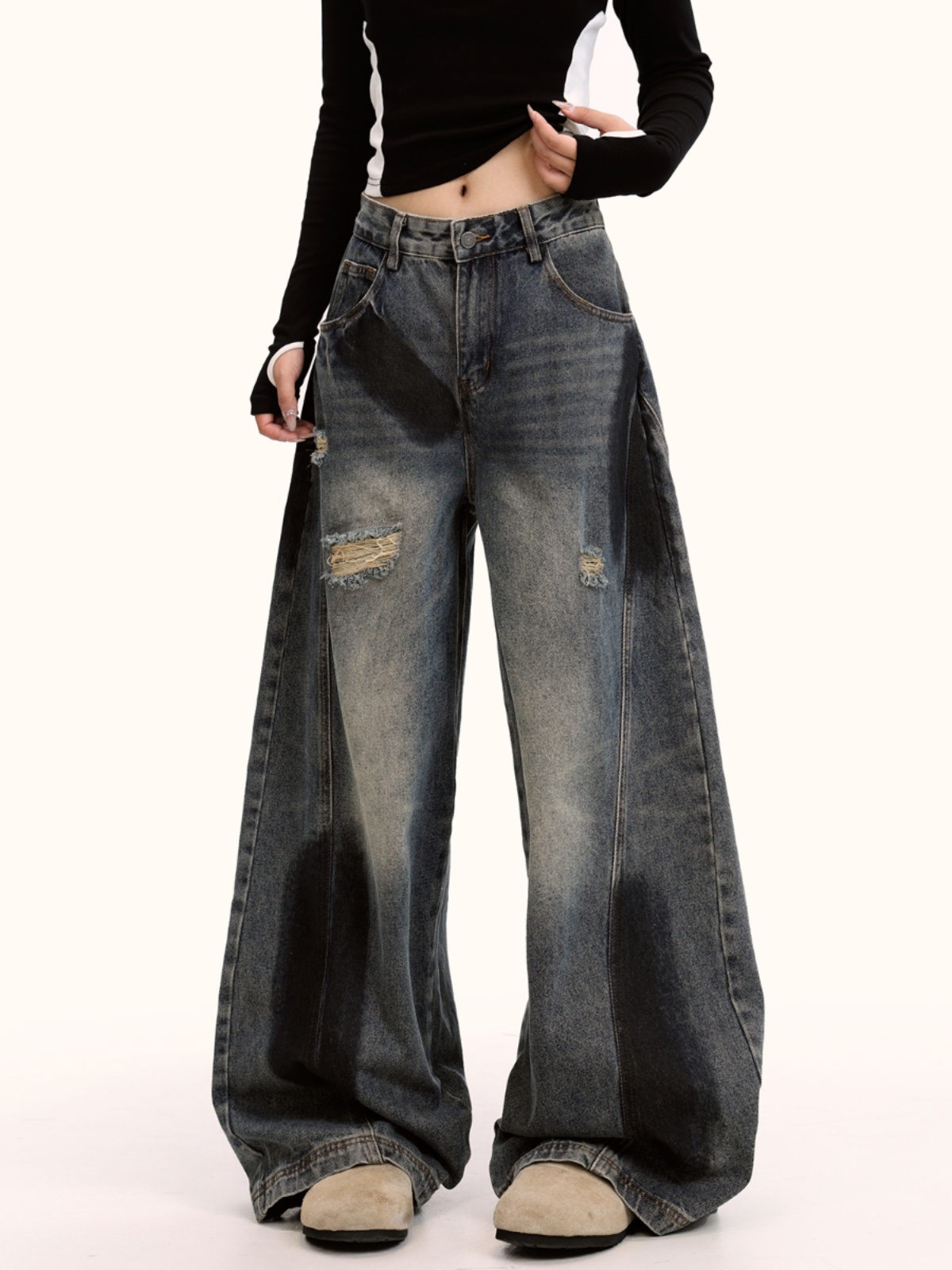 Curved Knife Graffiti Jeans for Men and Women - Retro Washed Loose High Street Drape Pants, American Style Fashion