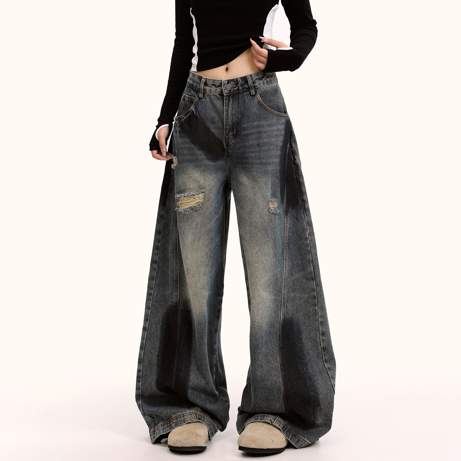 Curved Knife Graffiti Jeans for Men and Women - Retro Washed Loose High Street Drape Pants, American Style Fashion