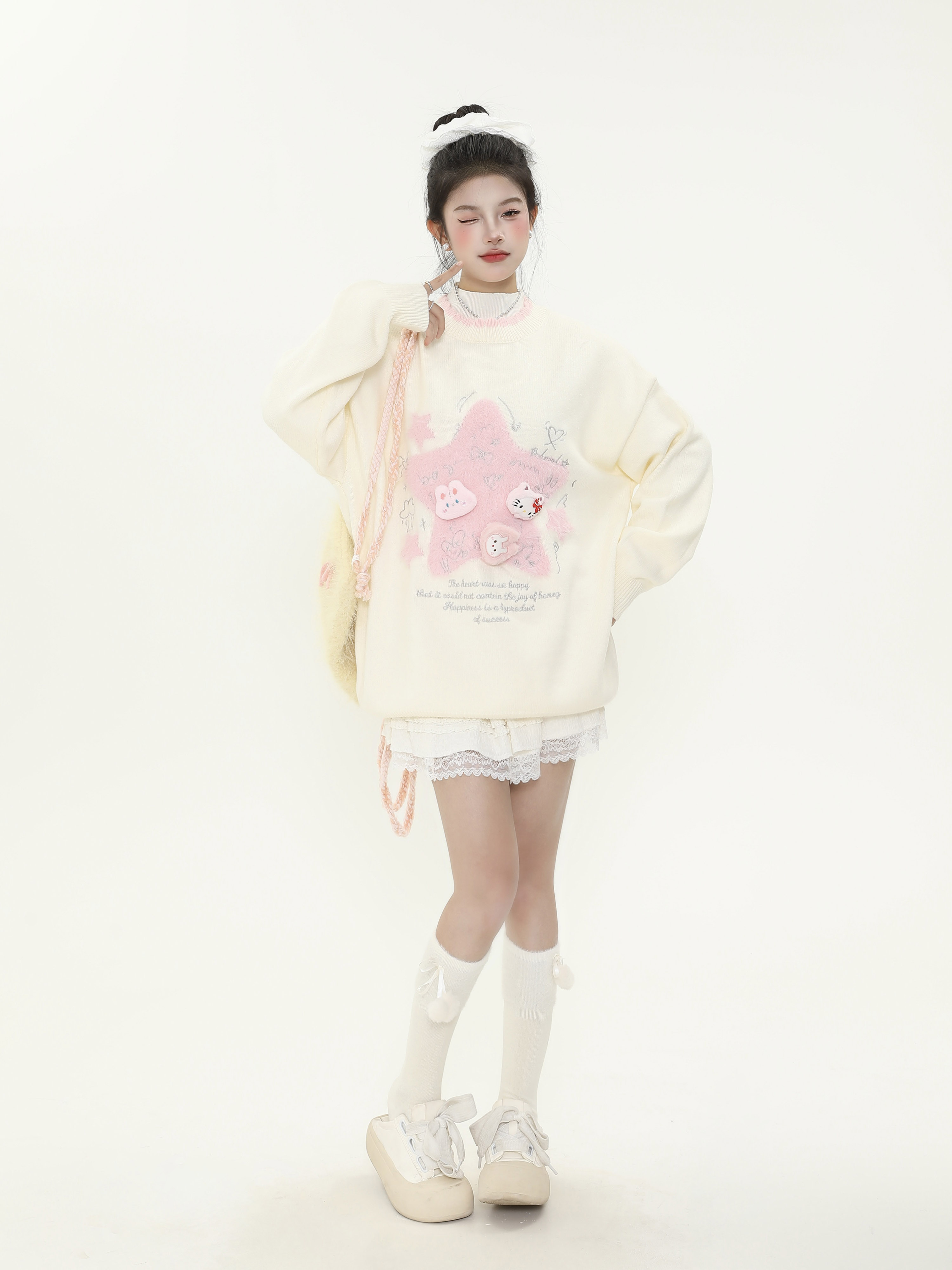 Cute Age-Reducing Star Jacquard Milk Blue Sweater for Women, Loose Lazy Style Knitted Top, Sweet Girl Autumn Winter Fashion Cute Age-Reducing Star Jacquard Milk Blue Sweater for Women, Loose Lazy Style Knitted Top, Sweet Girl Autumn Winter Fashion