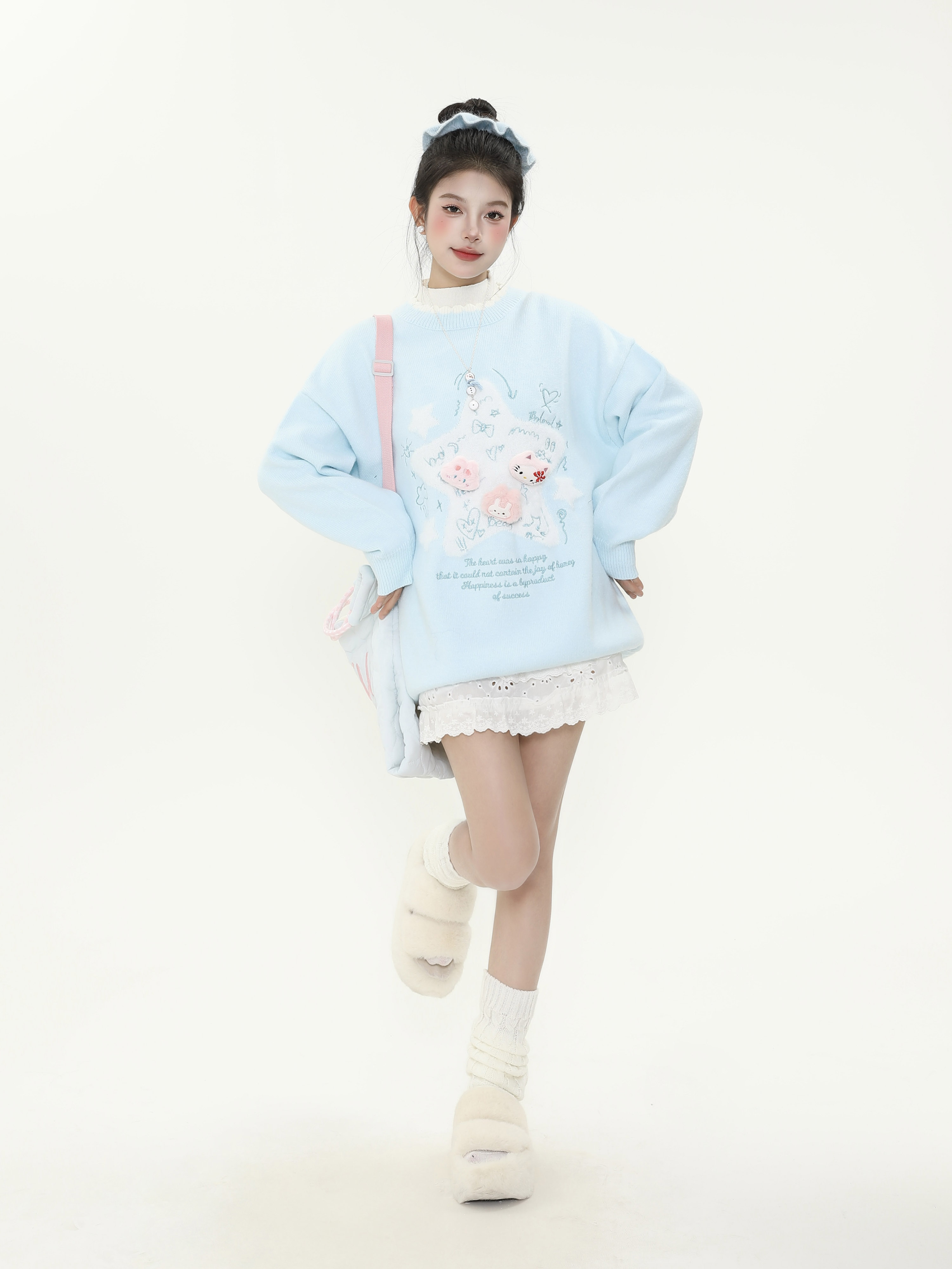 Cute Age-Reducing Star Jacquard Milk Blue Sweater for Women, Loose Lazy Style Knitted Top, Sweet Girl Autumn Winter Fashion Cute Age-Reducing Star Jacquard Milk Blue Sweater for Women, Loose Lazy Style Knitted Top, Sweet Girl Autumn Winter Fashion