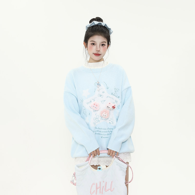 Cute Age-Reducing Star Jacquard Milk Blue Sweater for Women, Loose Lazy Style Knitted Top, Sweet Girl Autumn Winter Fashion