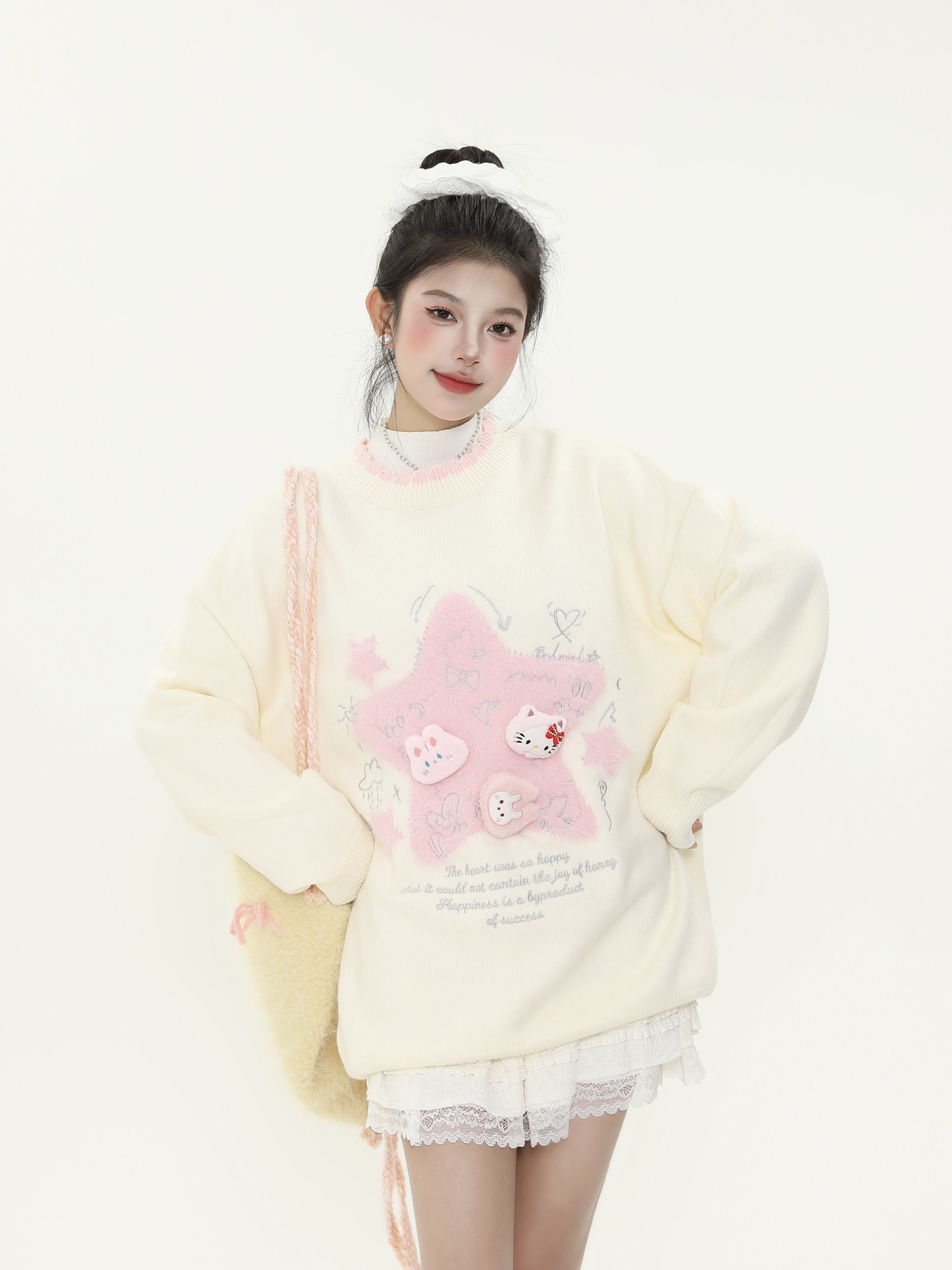 Cute Age-Reducing Star Jacquard Milk Blue Sweater for Women, Loose Lazy Style Knitted Top, Sweet Girl Autumn Winter Fashion Cute Age-Reducing Star Jacquard Milk Blue Sweater for Women, Loose Lazy Style Knitted Top, Sweet Girl Autumn Winter Fashion