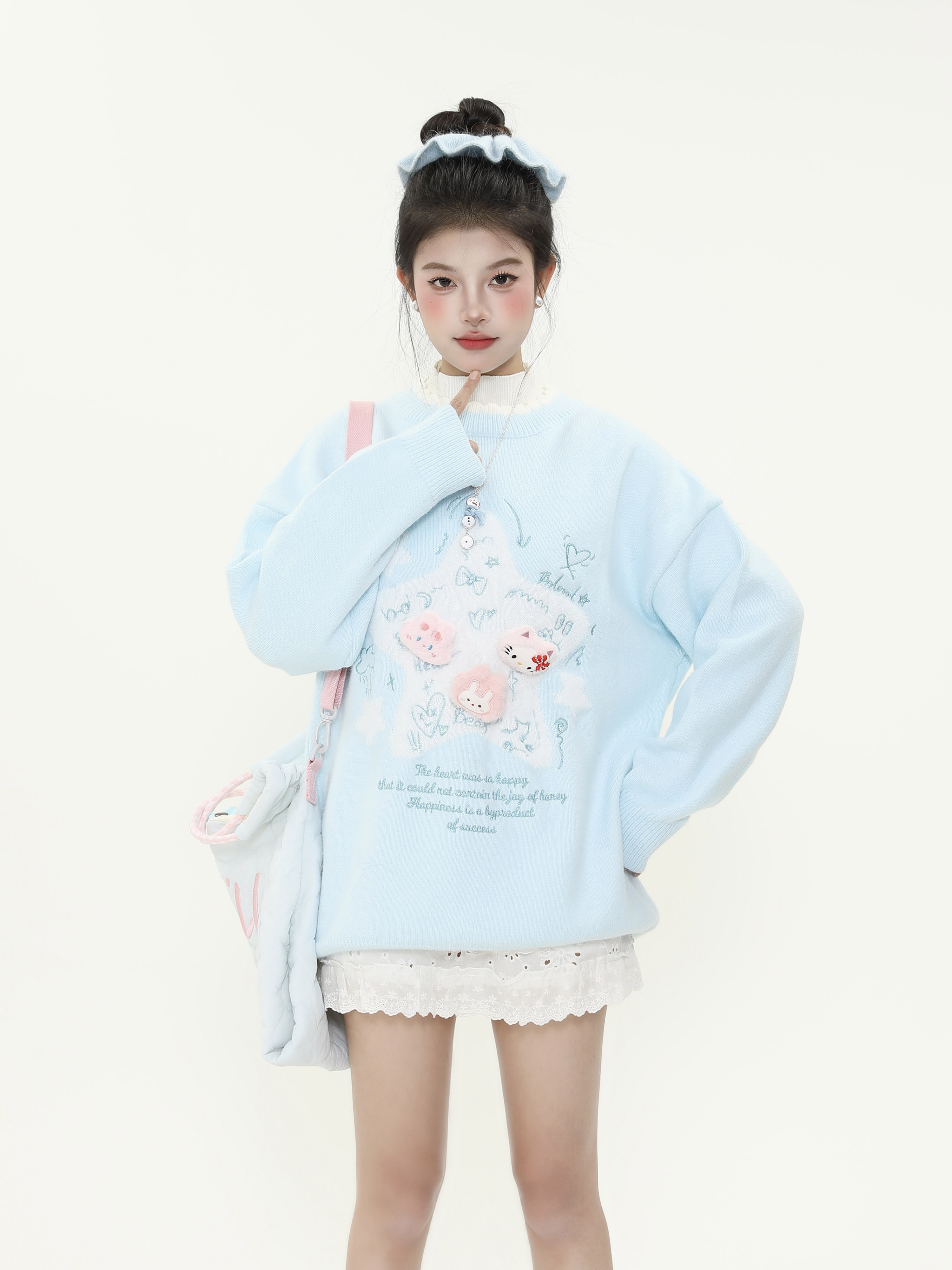 Cute Age-Reducing Star Jacquard Milk Blue Sweater for Women, Loose Lazy Style Knitted Top, Sweet Girl Autumn Winter Fashion