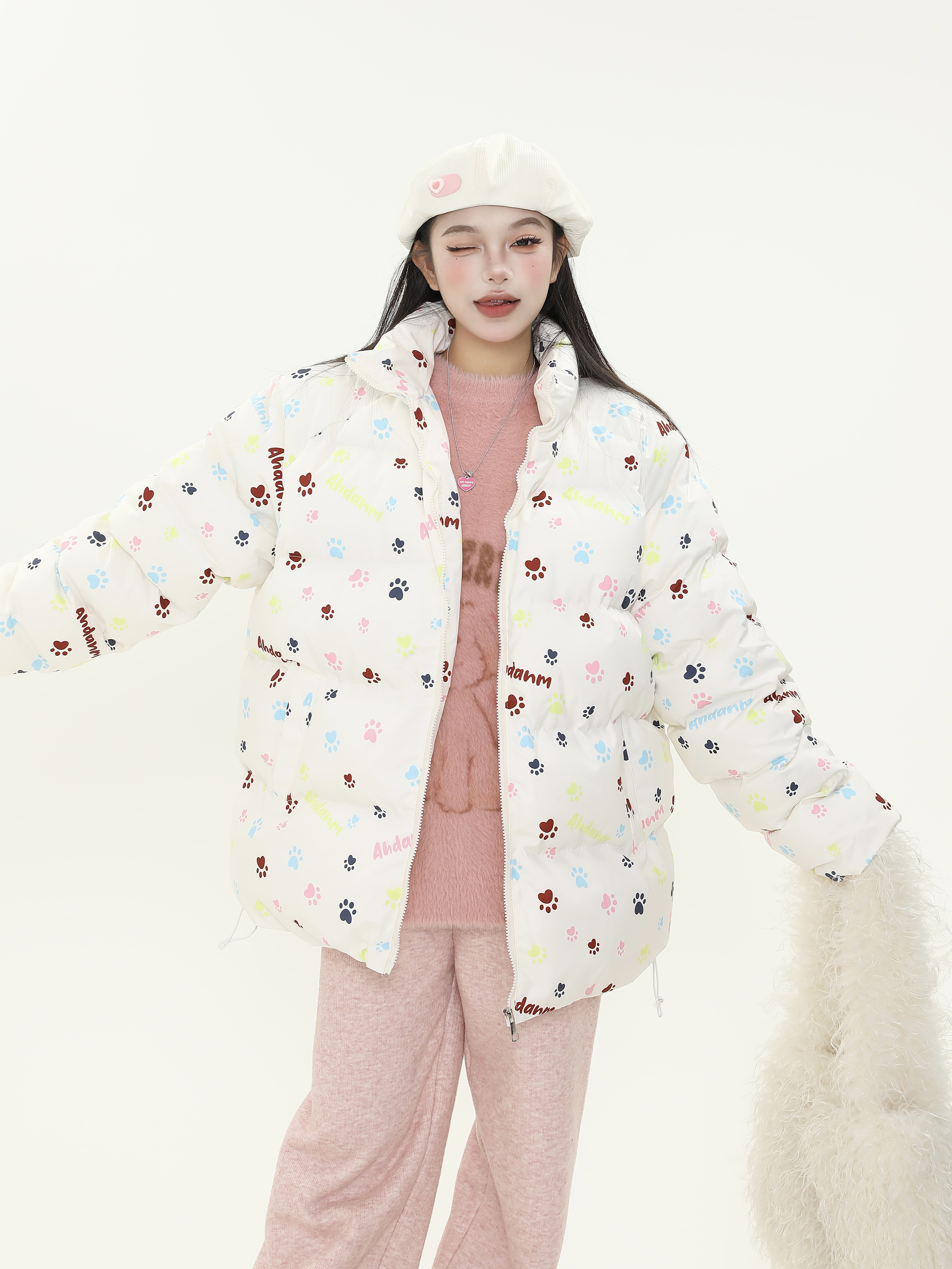 Cute All-Over Print Dog Paw Stand Collar Thick Cotton Winter Coat for Women - Warm Jacket for Y2K Style and Dog Lovers Cute All-Over Print Dog Paw Stand Collar Thick Cotton Winter Coat for Women - Warm Jacket for Y2K Style and Dog Lovers