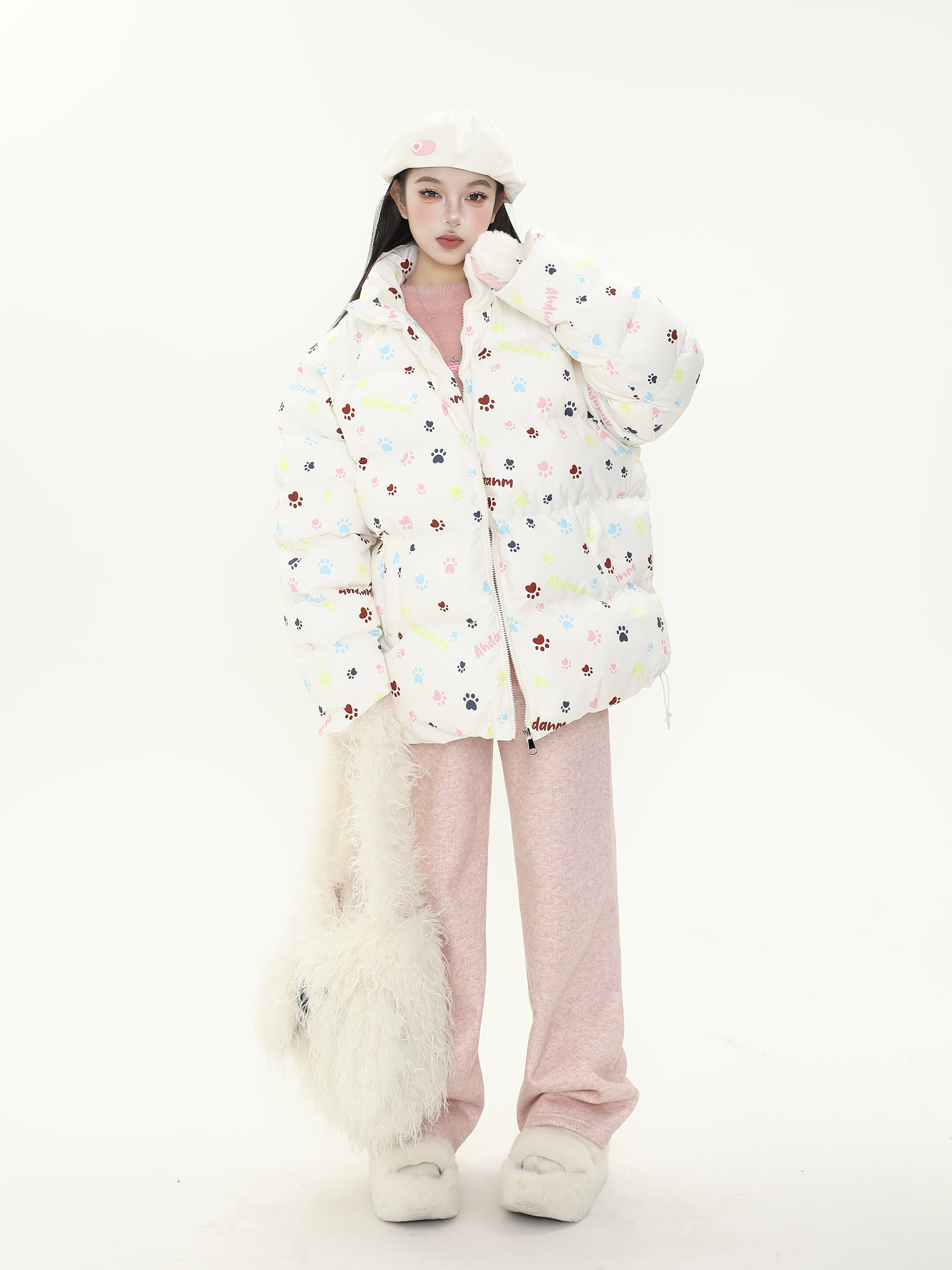 Cute All-Over Print Dog Paw Stand Collar Thick Cotton Winter Coat for Women - Warm Jacket for Y2K Style and Dog Lovers Cute All-Over Print Dog Paw Stand Collar Thick Cotton Winter Coat for Women - Warm Jacket for Y2K Style and Dog Lovers