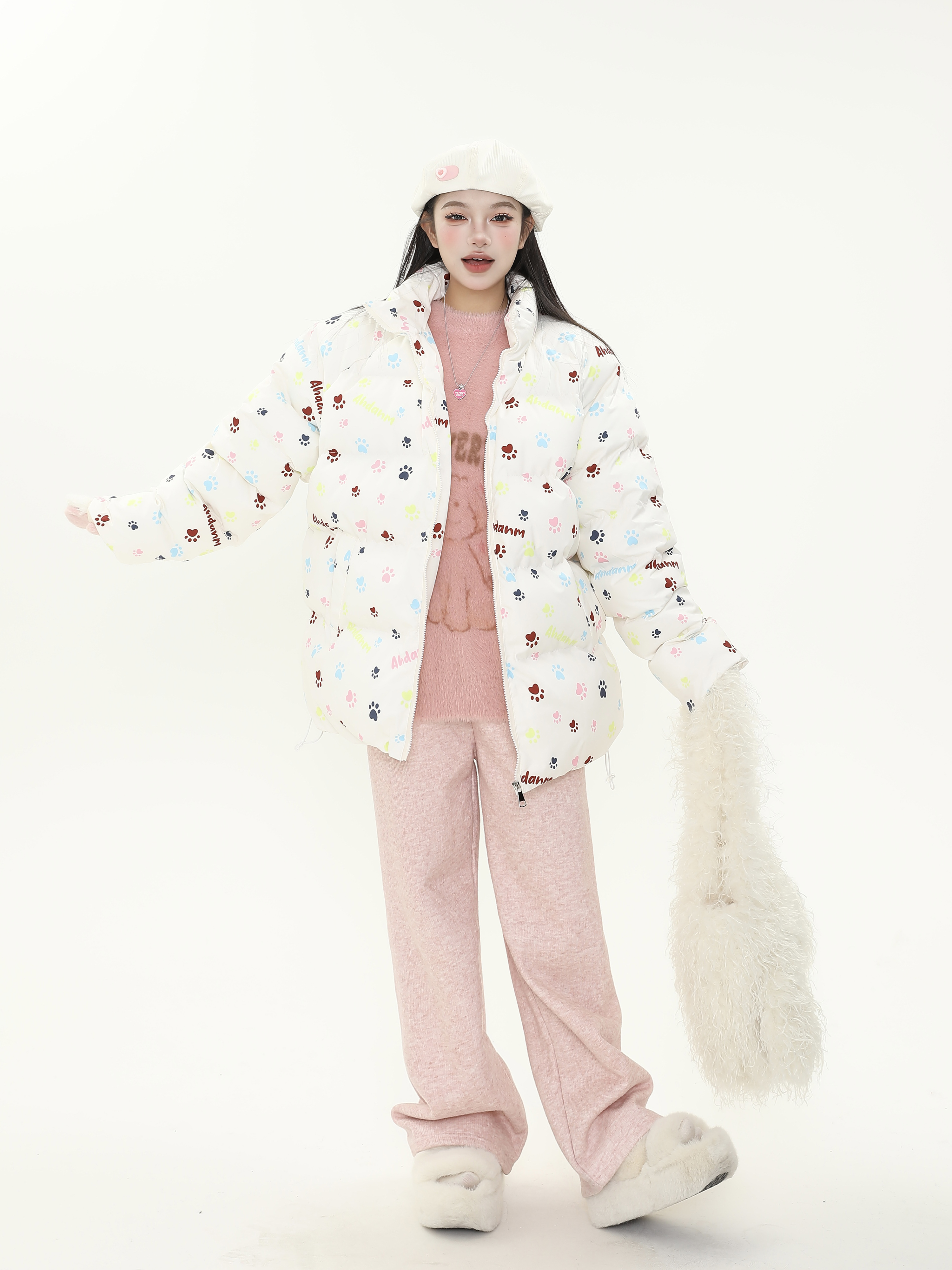 Cute All-Over Print Dog Paw Stand Collar Thick Cotton Winter Coat for Women - Warm Jacket for Y2K Style and Dog Lovers Cute All-Over Print Dog Paw Stand Collar Thick Cotton Winter Coat for Women - Warm Jacket for Y2K Style and Dog Lovers