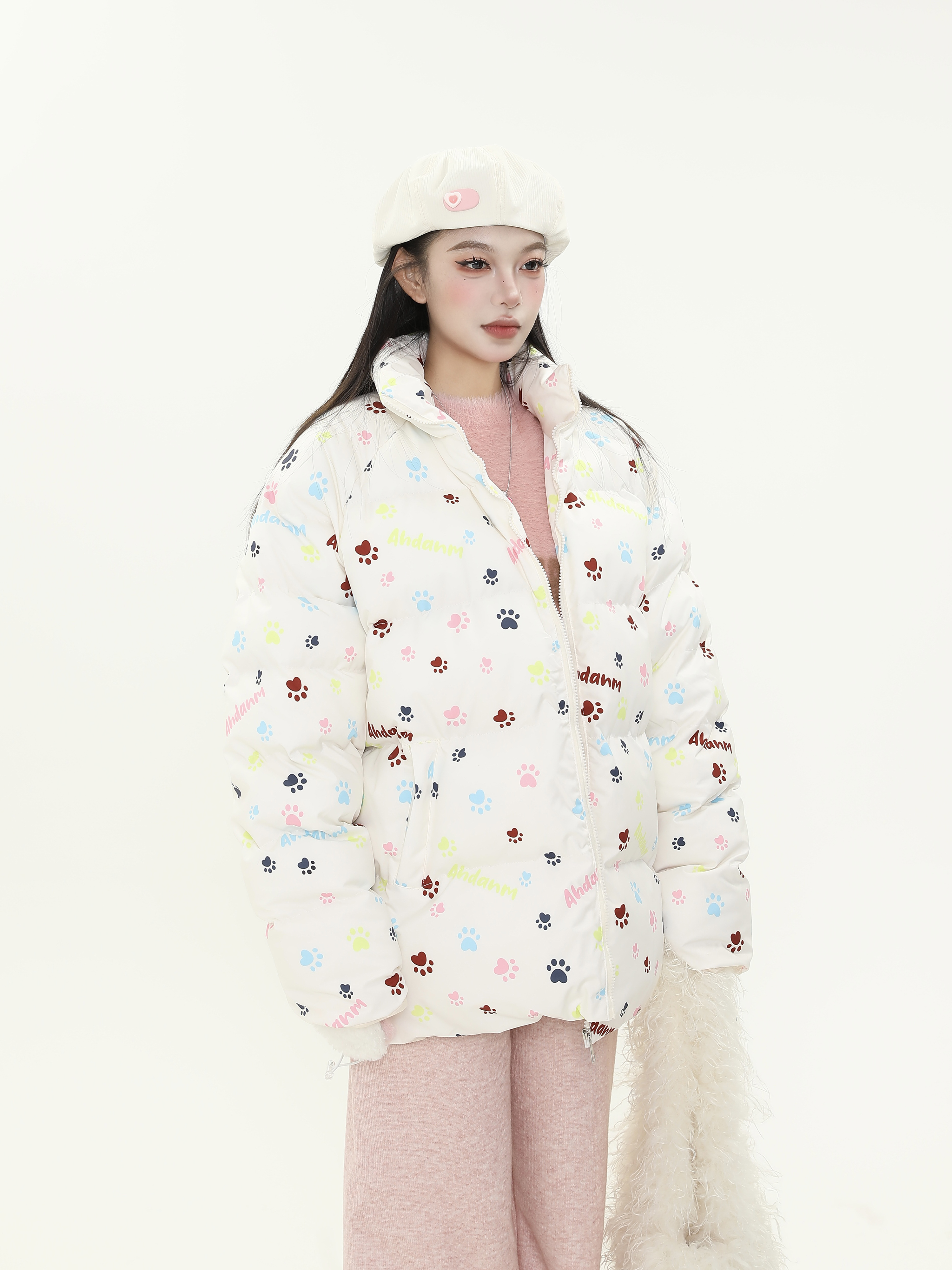 Cute All-Over Print Dog Paw Stand Collar Thick Cotton Winter Coat for Women - Warm Jacket for Y2K Style and Dog Lovers Cute All-Over Print Dog Paw Stand Collar Thick Cotton Winter Coat for Women - Warm Jacket for Y2K Style and Dog Lovers