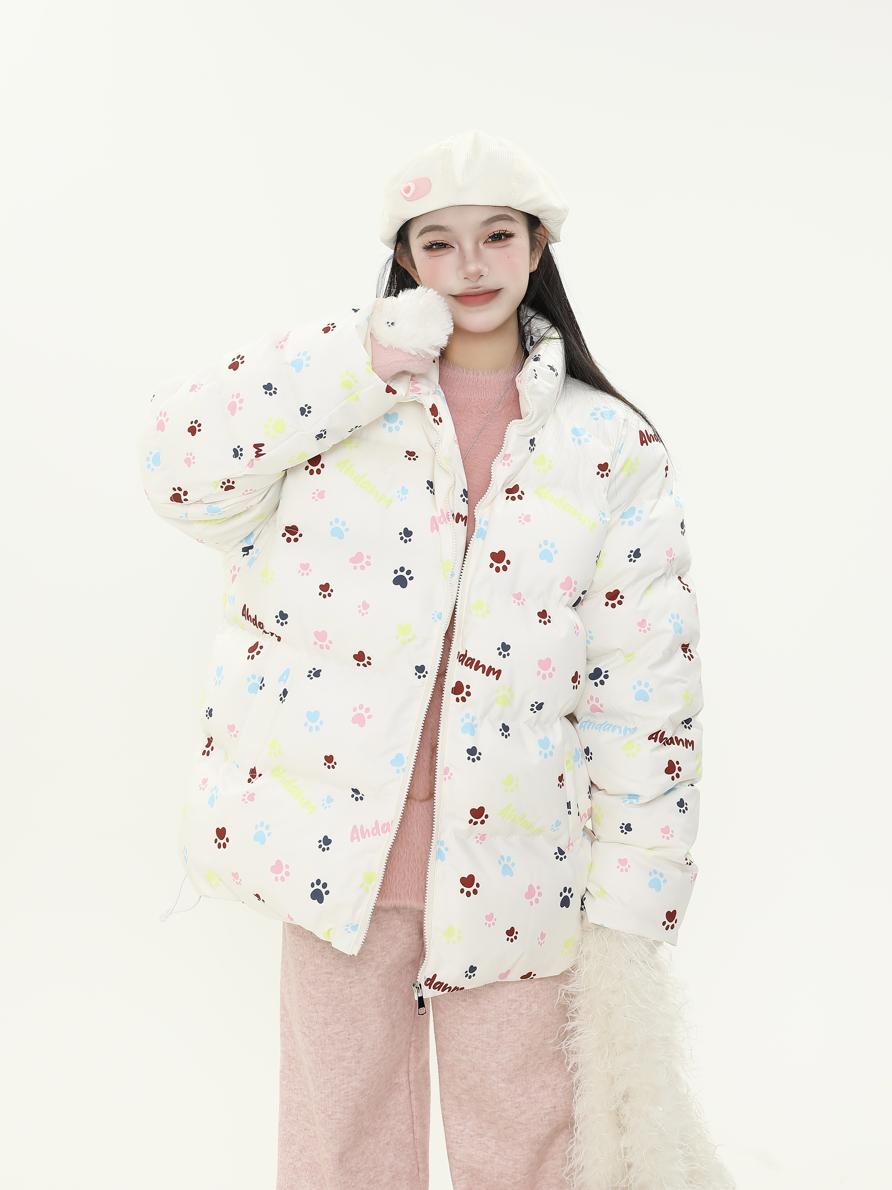 Cute All-Over Print Dog Paw Stand Collar Thick Cotton Winter Coat for Women - Warm Jacket for Y2K Style and Dog Lovers