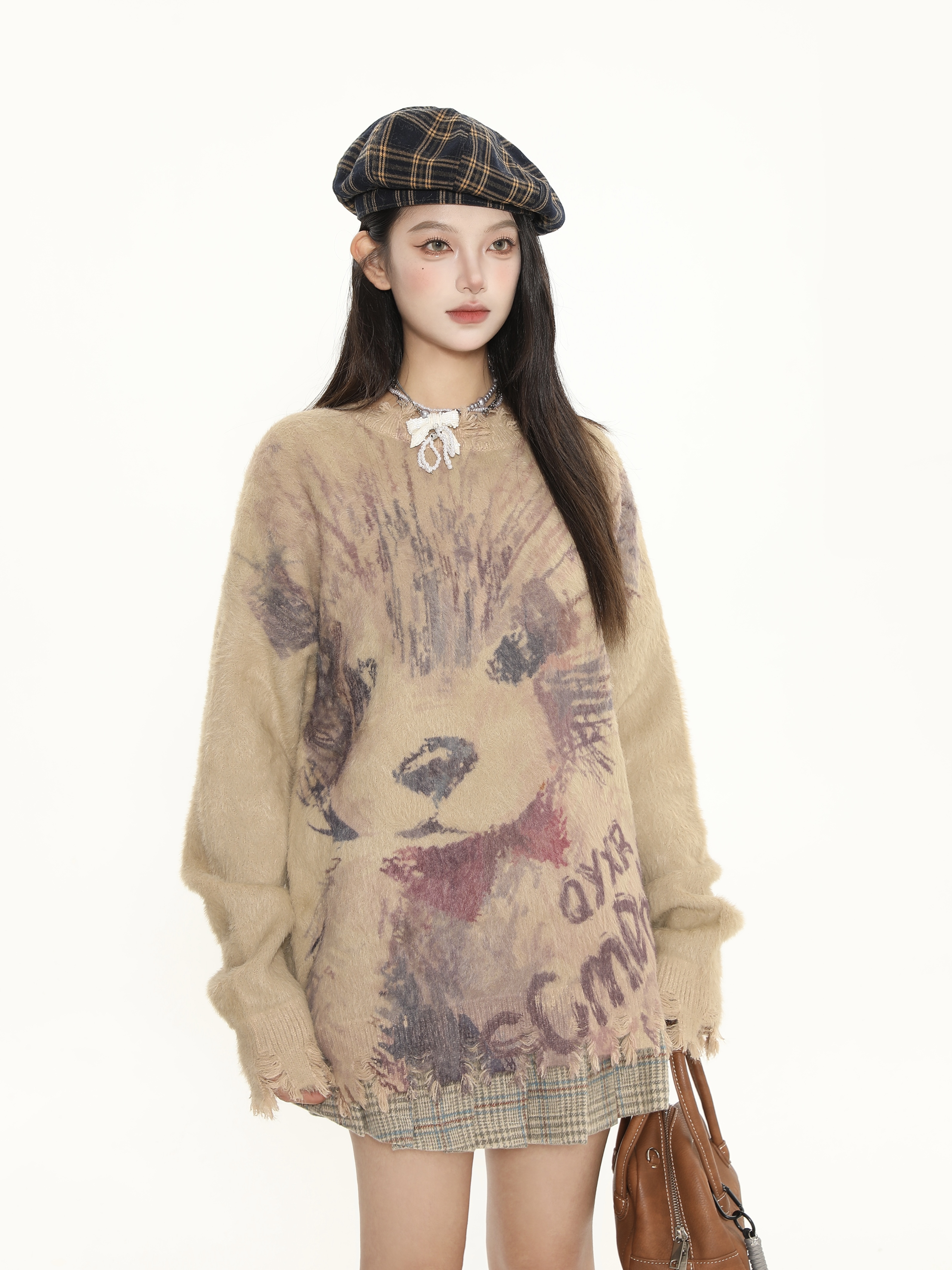 Cute Big Dog Print Loose Sweater for Women - Irregular Fringe Knit Top for Autumn Winter Casual Style Cute Big Dog Print Loose Sweater for Women - Irregular Fringe Knit Top for Autumn Winter Casual Style