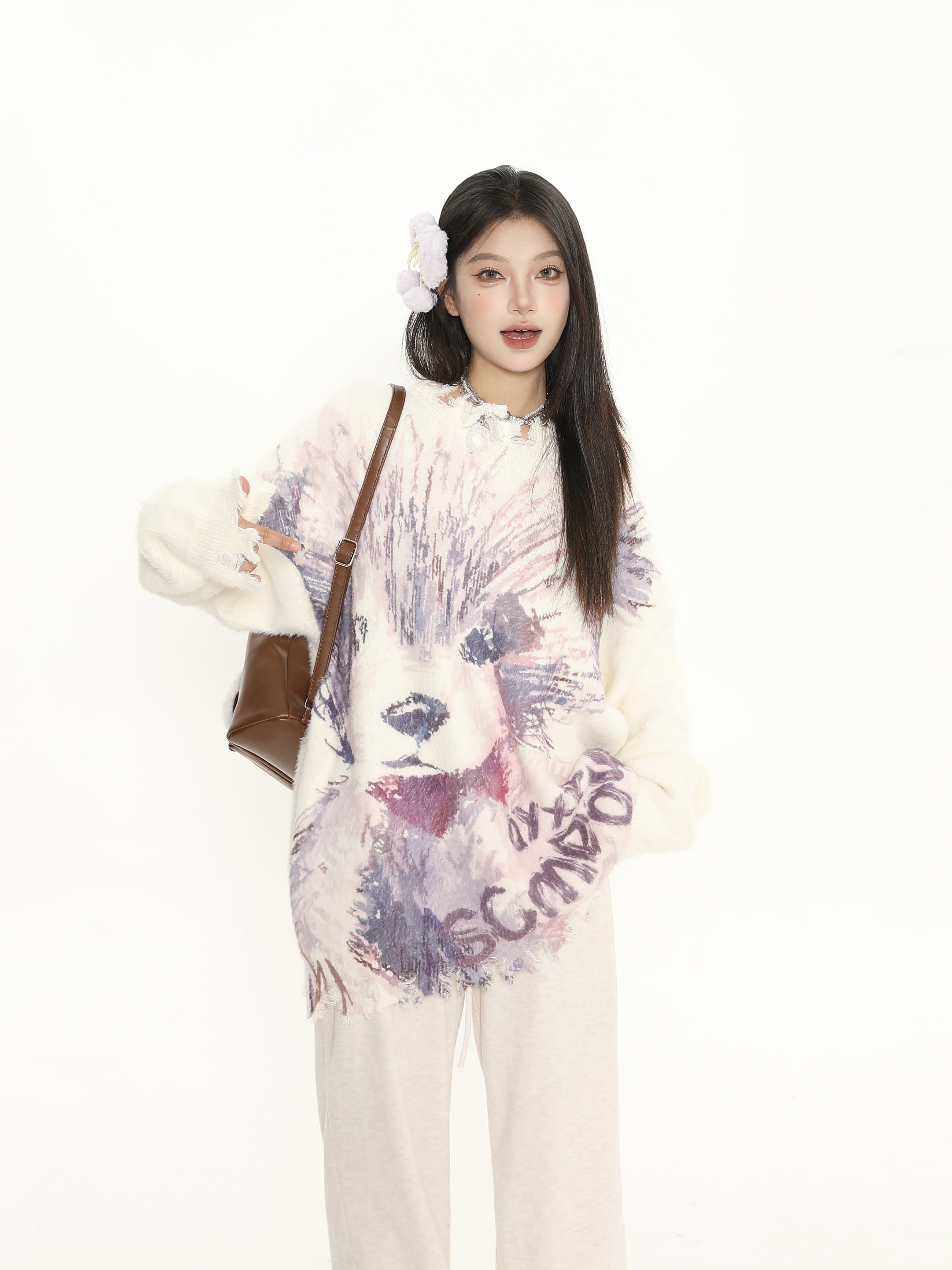 Cute Big Dog Print Loose Sweater for Women - Irregular Fringe Knit Top for Autumn Winter Casual Style