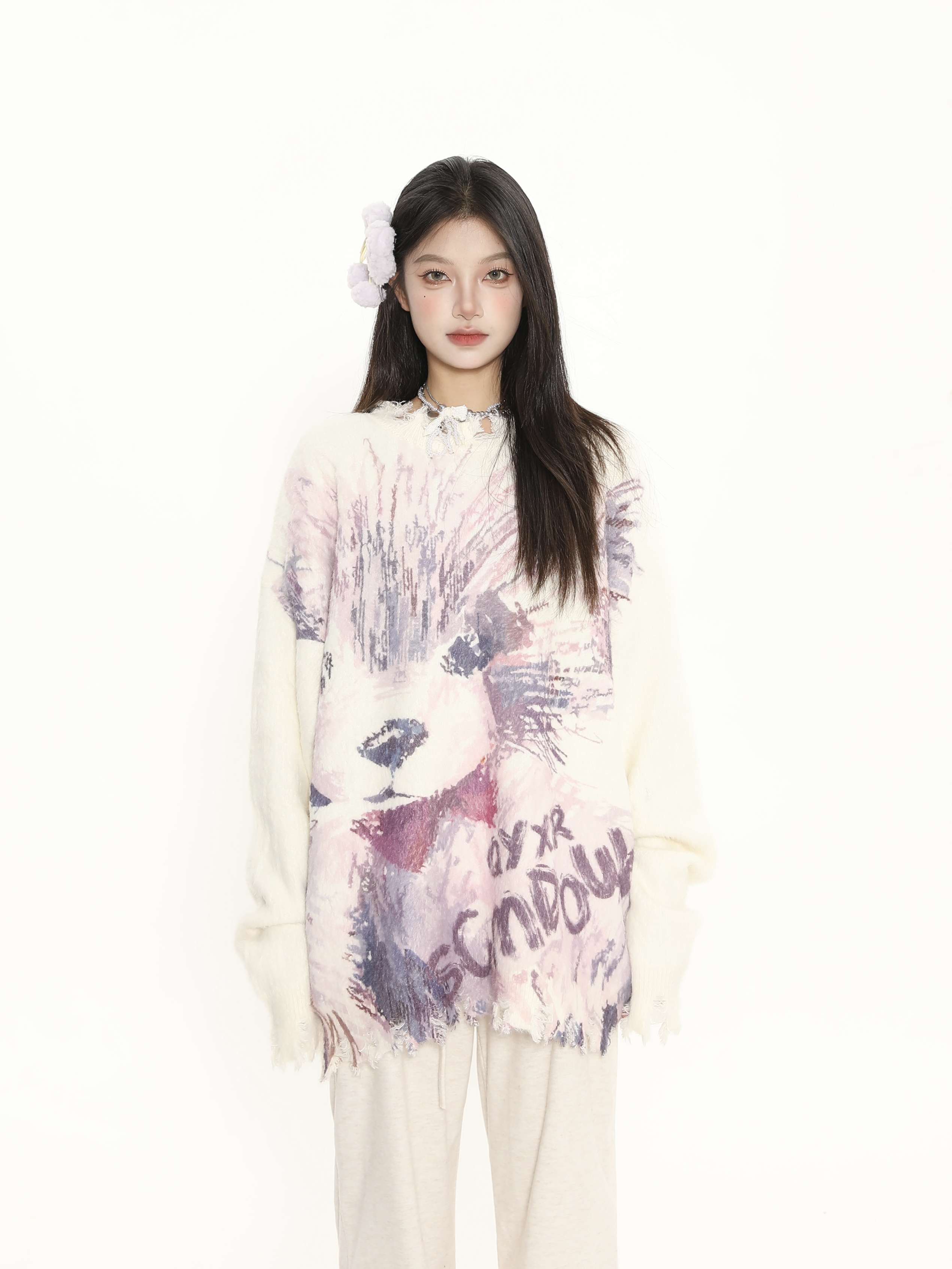 Cute Big Dog Print Loose Sweater for Women - Irregular Fringe Knit Top for Autumn Winter Casual Style