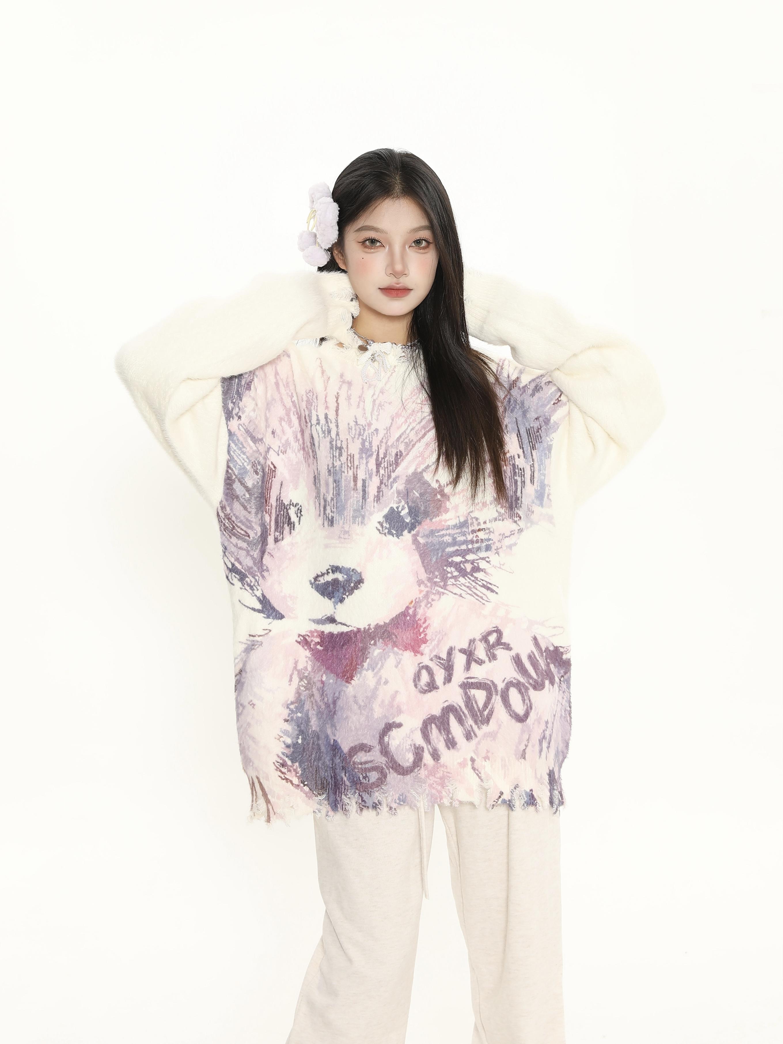 Cute Big Dog Print Loose Sweater for Women - Irregular Fringe Knit Top for Autumn Winter Casual Style Cute Big Dog Print Loose Sweater for Women - Irregular Fringe Knit Top for Autumn Winter Casual Style