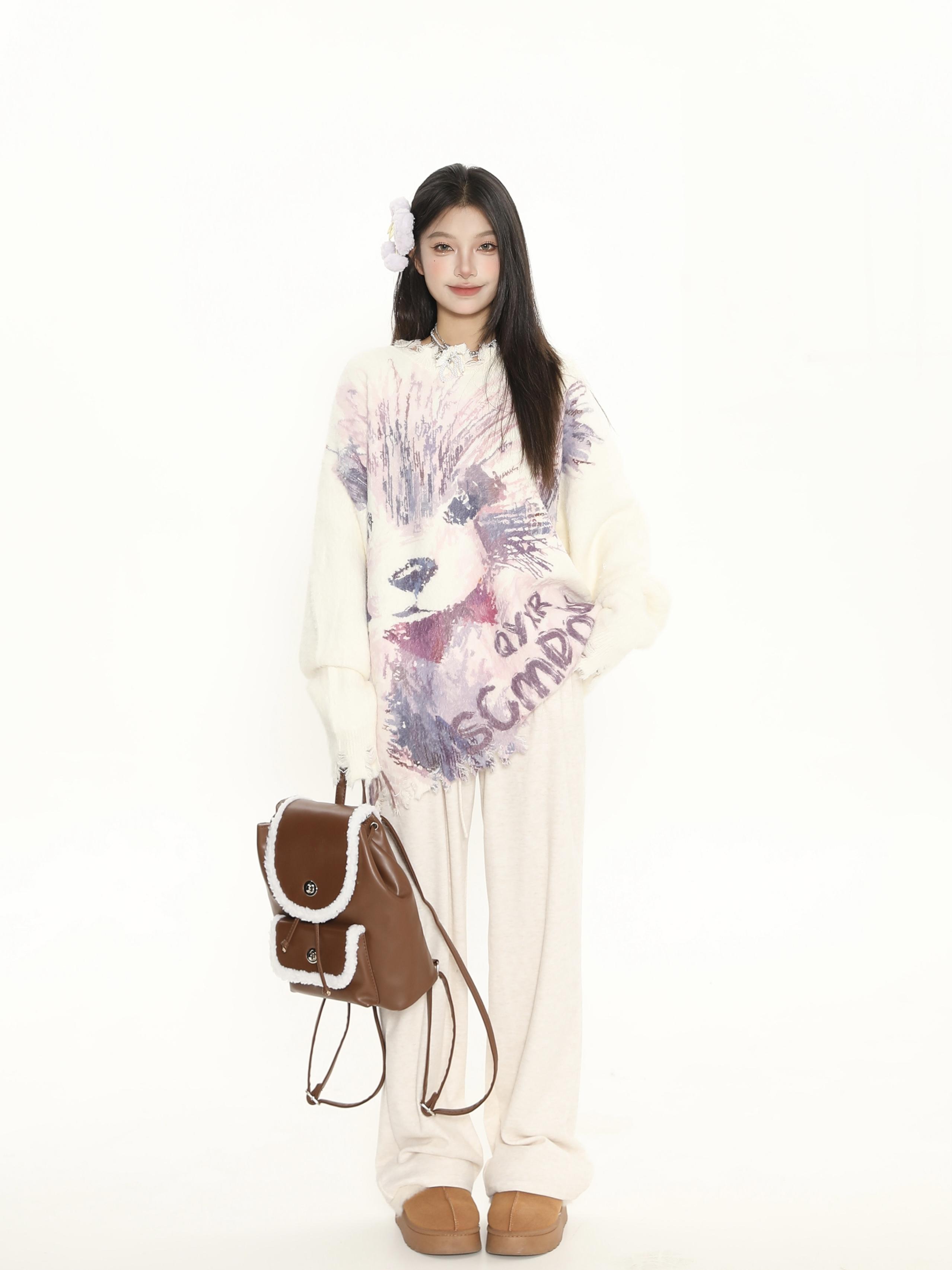 Cute Big Dog Print Loose Sweater for Women - Irregular Fringe Knit Top for Autumn Winter Casual Style Cute Big Dog Print Loose Sweater for Women - Irregular Fringe Knit Top for Autumn Winter Casual Style